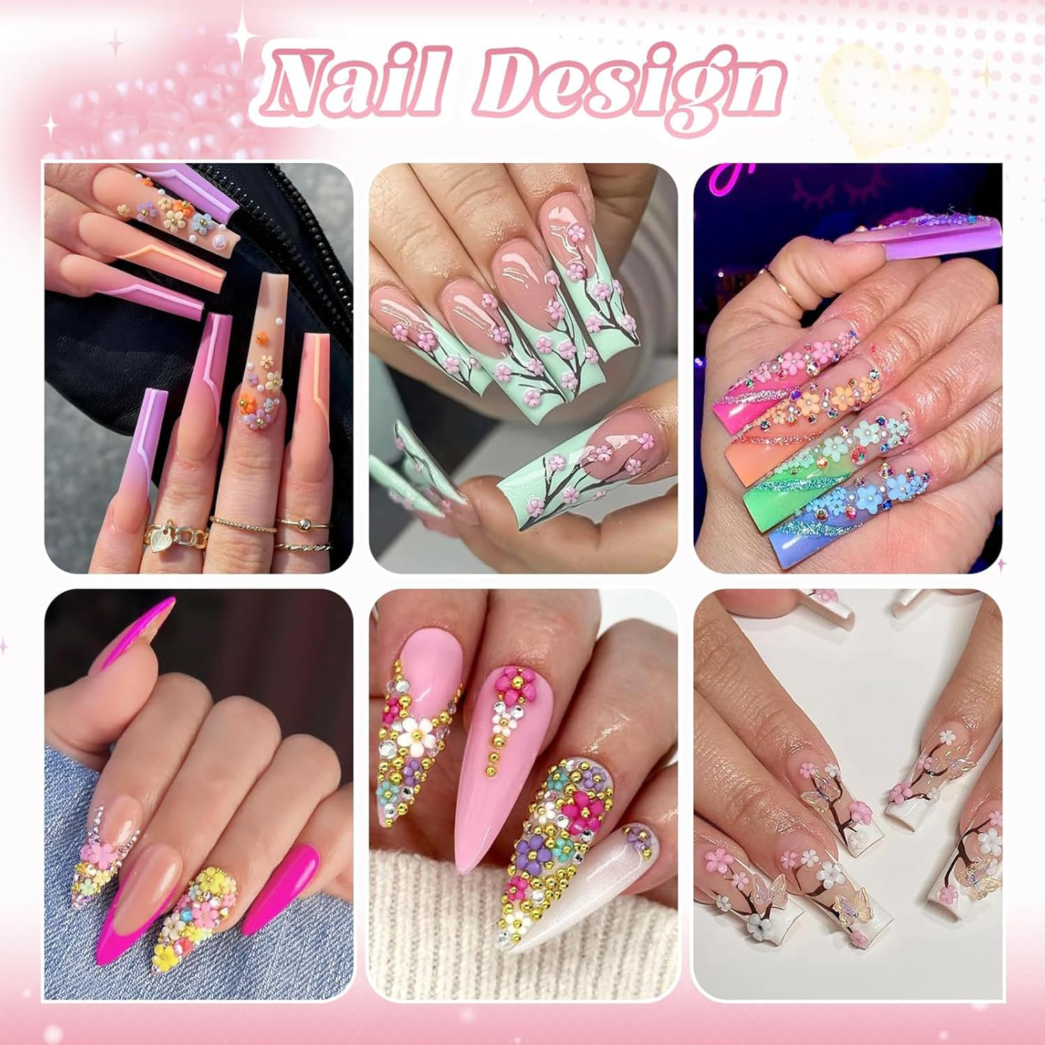 Gaivek 2 Pack 3D Flower Nail Art Charms Set, 12 Grids Spring Blossom Nail Decorations with Gold and Silver Beads, 5-Petal Floral Nails Accessories for DIY Manicure Design image number 4