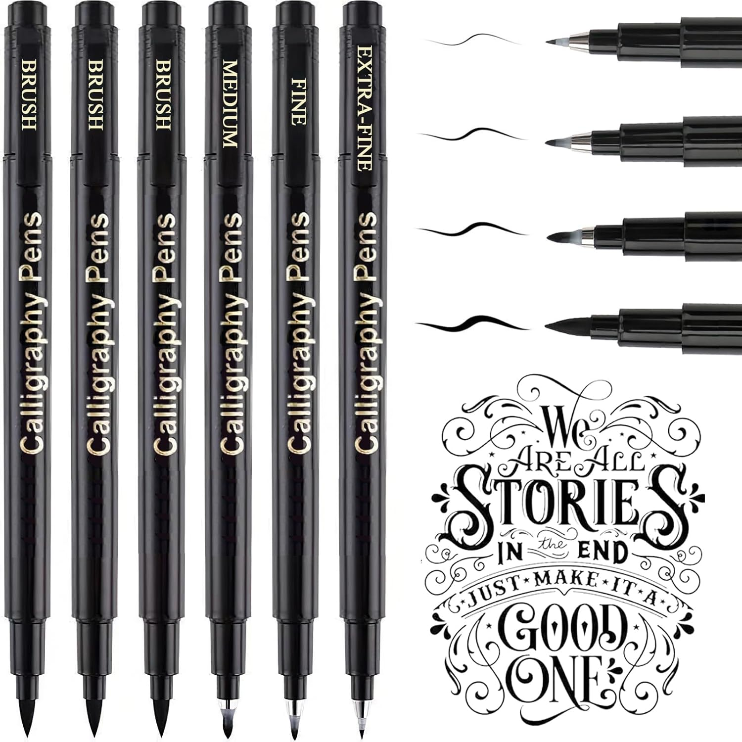 SAYEEC Calligraphy Brush Pens, 6 Pack Refillable Black Ink Hand Lettering Pen, 4 Size Calligraphy Brush Markers Set for Beginner Writing, Journaling, Sketching, Art Drawing, Illustration, Scrapbooking image number 1