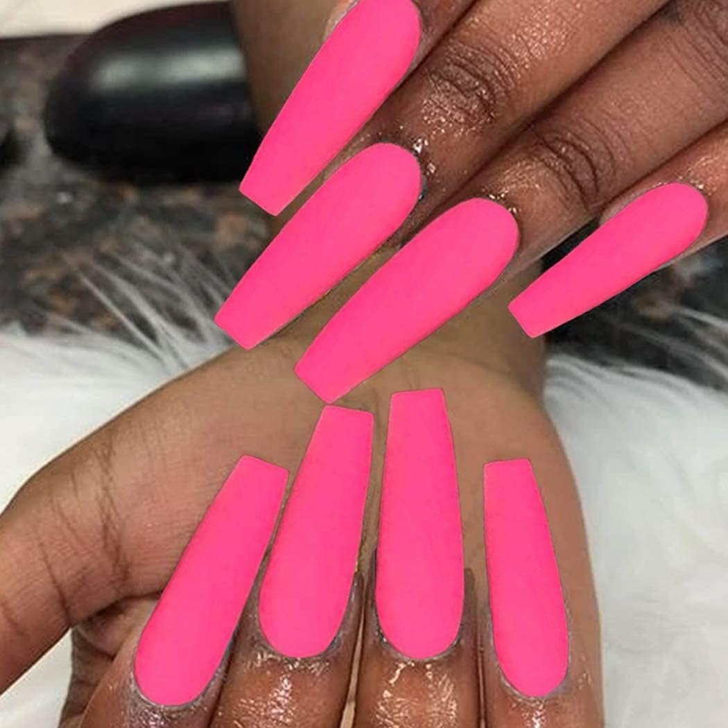 Matte Super Long False Nails Coffin Ballerina Extra Long Press on Nails Acrylic Fake Nails Acrylic Full Cover Nails 24Pcs (Wine Red)