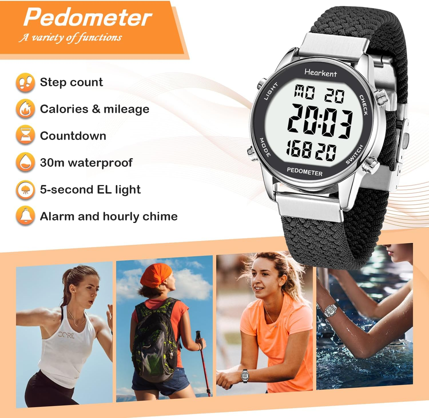 Women Pedometer Watch for Walking, Step Counter for Women, Sport Watch with Calories Counter, Large Number Display Wrist Watch, 30M Waterproof Step Tracker Watch - Black image number 5