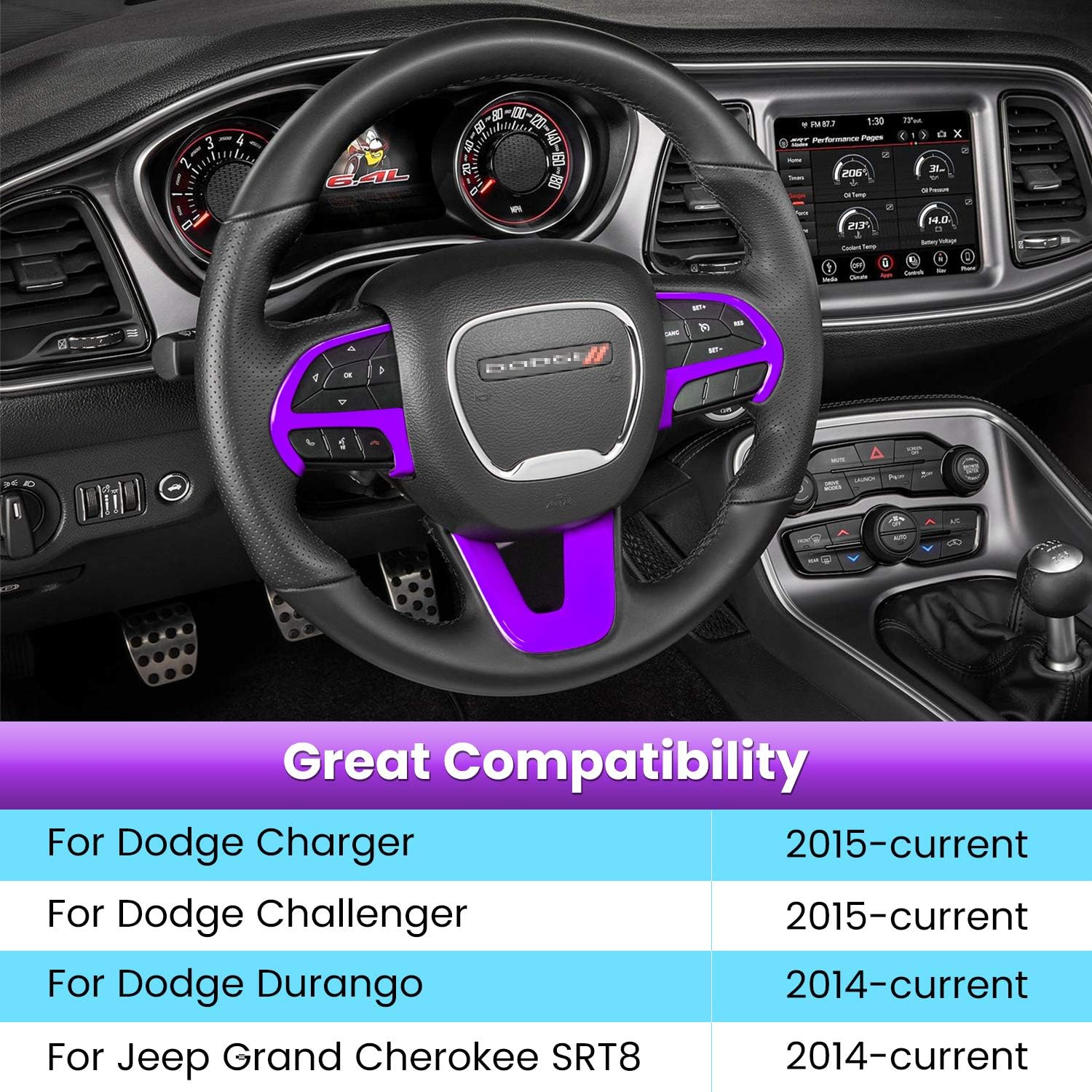 Steering Wheel Cover Trim Interior Accessories Decoration Kit for 2015-2021 Dodge Challenger Charger, for 2014-2021 Dodge Durango & Jeep Grand Cherokee SRT8 (Purple 3PCS) - Orange image number 6