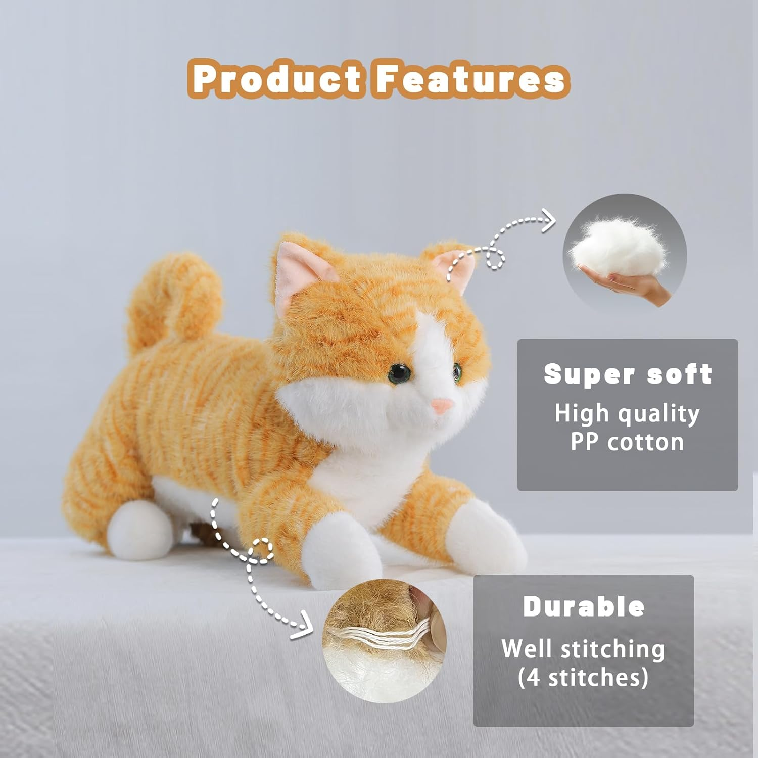 Weighted Toy Stuffed Animal 45CM 0.9KG, Realistic Weighted Stuffed Cat Plush Toy Throw Pillow, Orange Weighted Stuffed Animals for Kids and Adults image number 5