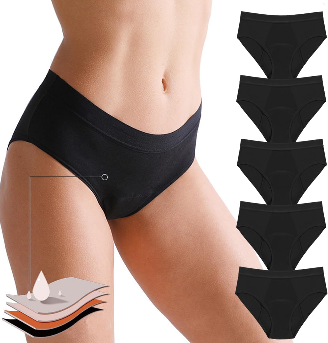 Lohhbve 5Er-Pack Saugf&auml;hige Periodenh&ouml;schen Mit Starkem Durchfluss F&uuml;r Frauen, Mittlere Bis Hohe Taille, Auslaufsichere Menstruationsh&ouml;schen, Postpartum-Slip-Unterw&auml;sche image number 6