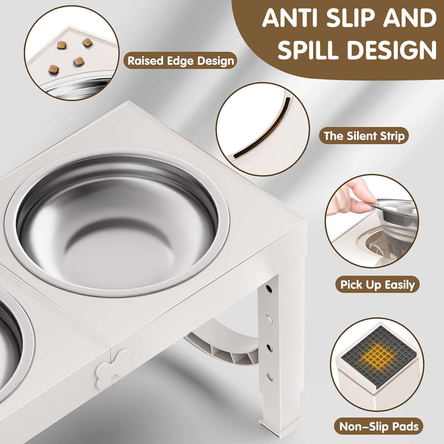 Elevated Dog Bowls for Medium Large Breed Dogs, 4 Height Adjustable Dog Raised Bowls Stand to 9.09", 10.63", 12.20", 13.78", 2 Thick Stainless Steel Dog Food Water Bowls, No Slip Dog Feeder, White - Grey image number 7