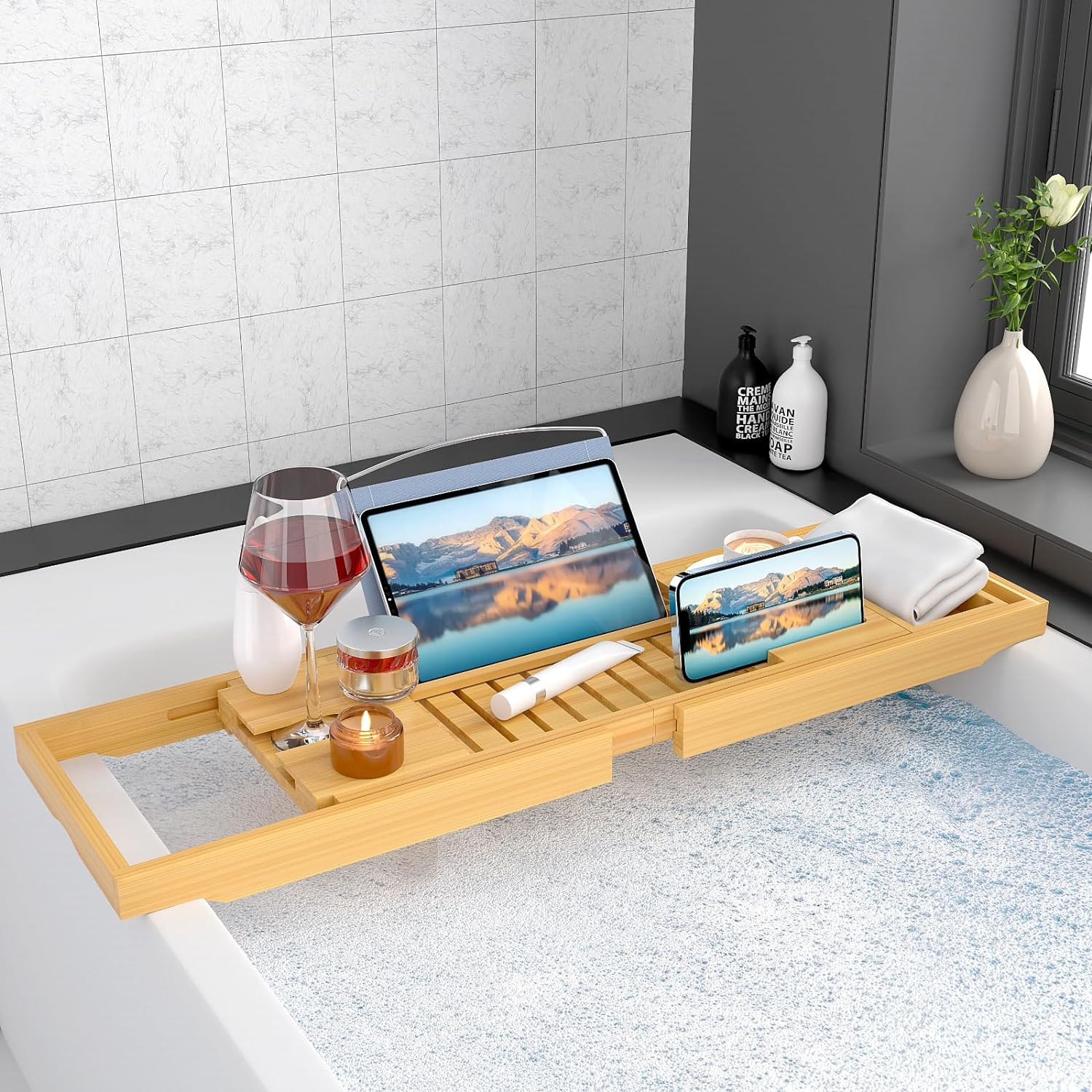Luxury Bathtub Caddy Tray，Bamboo Bathtub Tray Caddy - Wood Bath Tray Expandable，Can Be Placed Book and Integrated Tablet Smartphone and Wine Holder - Gift Idea for Loved Ones image number 5