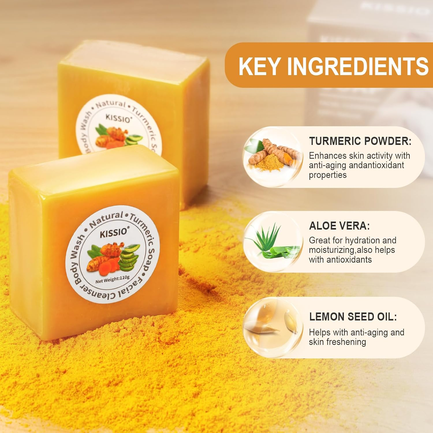 KISSIO Turmeric Soap Bar for Face and Body,Cleansing and Oil Control,Smooth Skin,Natural Soap with Turmeric,Aloe Vera and Shea Butter,Handmade Soap Sensitive Skin Formula,110 G image number 2