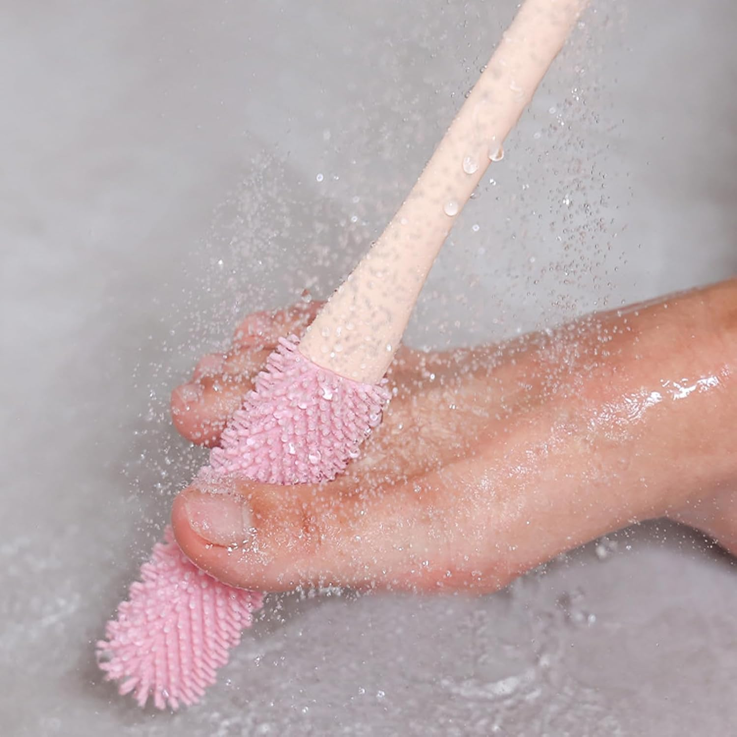 Extended Reach Toe Cleaner - Silicone Bristle Foot Brush, Long Shower Scrubbers Tool | Gentle yet Effective Nail Cleaning Device, Ergonomic Bathroom - Pink image number 6