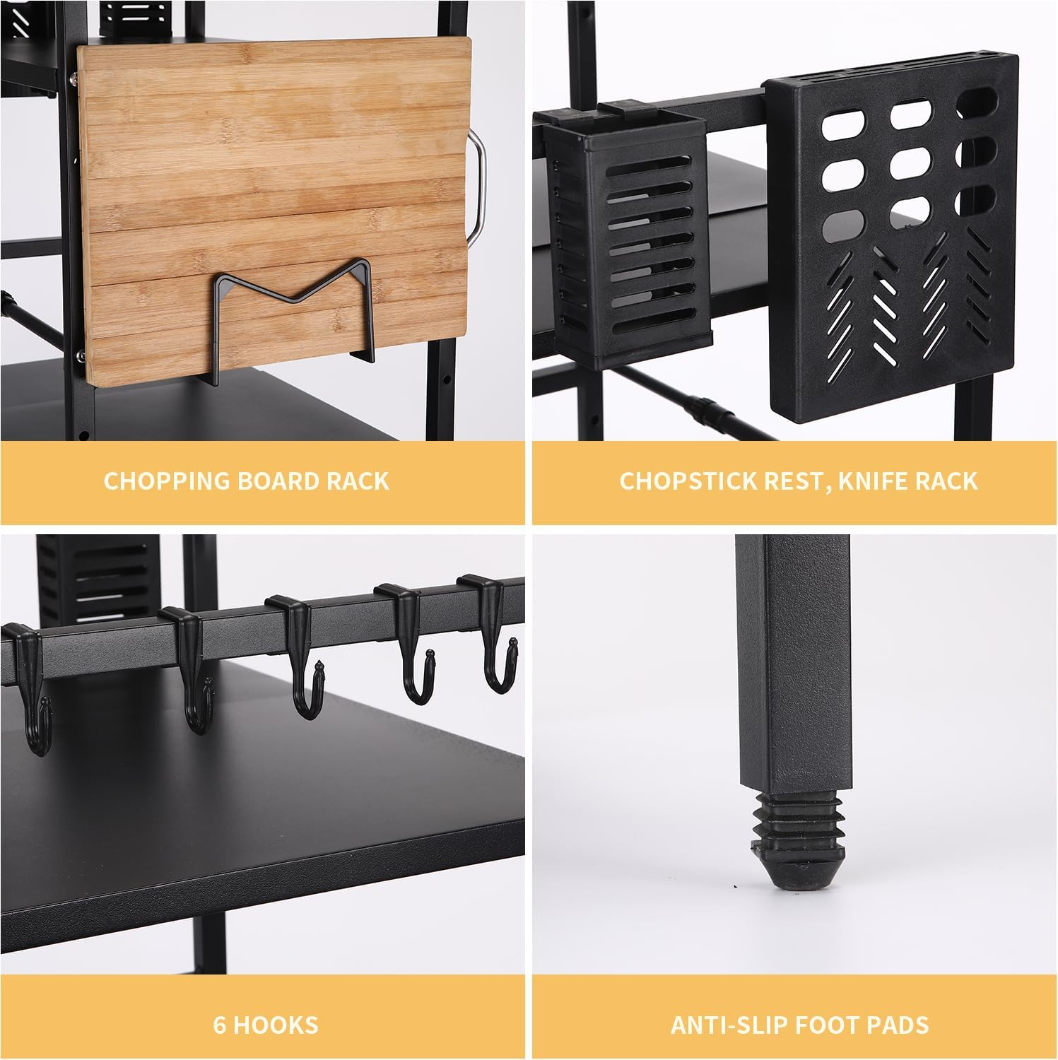 Expandable Microwave Rack for Kitchen Countertop - Carbon Steel Shelf with 6 Hooks, Knife Holder, Cutting Board & Chopstick Organizer, Space-Saving Storage (Three-Layer Large Size) image number 3