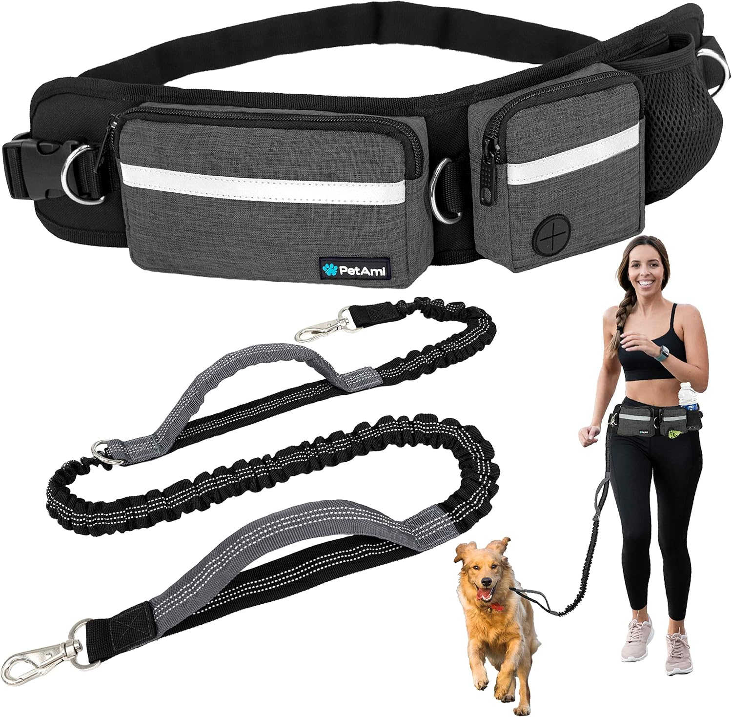 Petami Hands Free Dog Leash, Running Leash Belt Bag for Walking, Jogging, Waist Double Zipper Pouch with Poop Dispenser, Dual Padded Handles Reflective Bungee Double, Purple, 2 Leashes