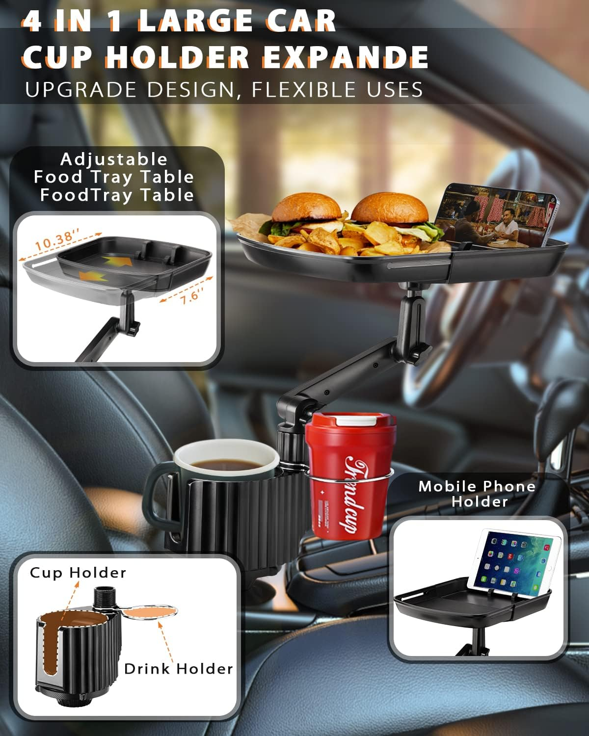 4-In-1 Car Cup Holder Expander Tray,Detachable Upgraded Large Car Food Tray Expandable Dual Cup with Phone Holder,360&deg;Rotation Adjustable Base,Road Trip Essentials Accessories for Drinking and Eating image number 3