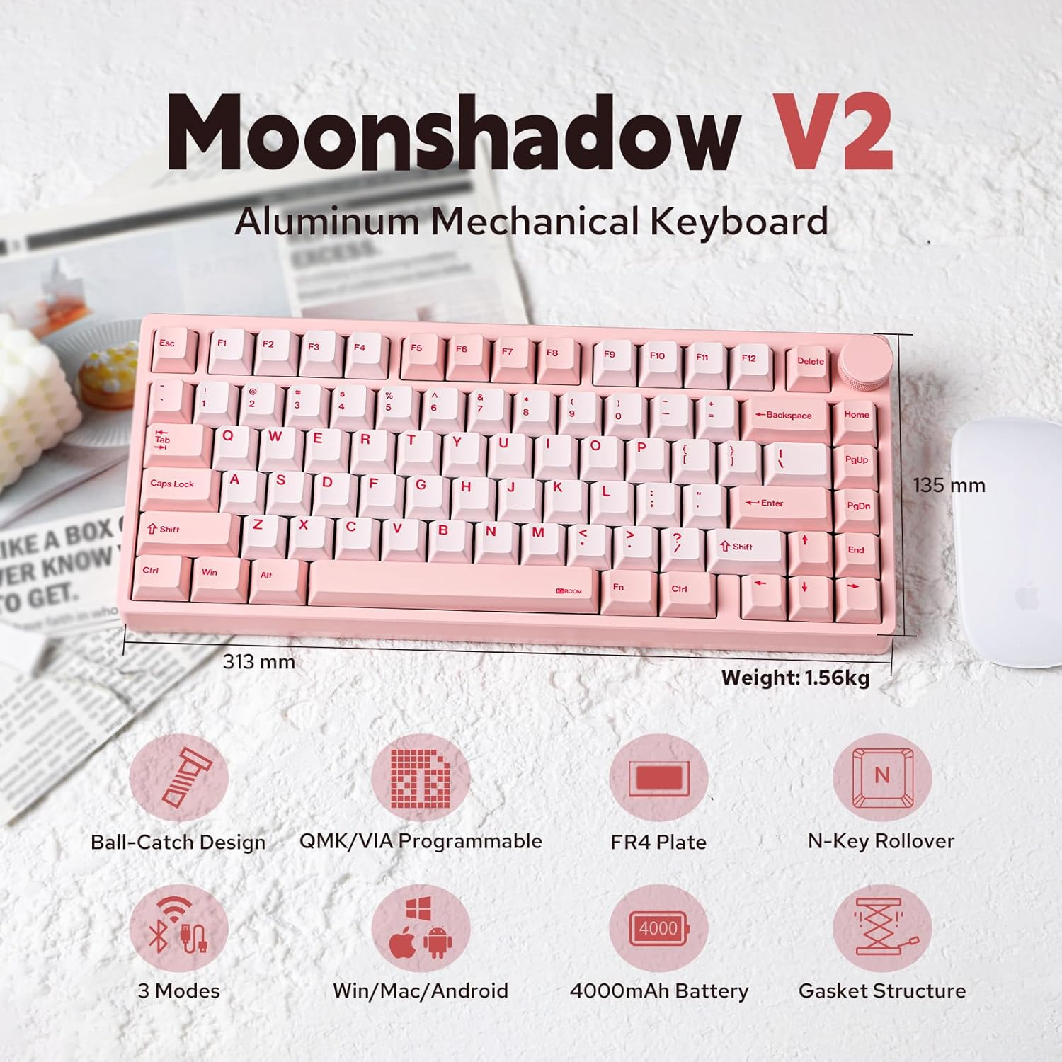Kiiboom Moonshadow V2 75% Wireless Aluminum Gaming Keyboard, QMK&VIA Programmable, Bt5.0/2.4Ghz/Usb-C, Hot-Swappable Creamy Mechanical Keyboard with FR4 Plate, Knob, 4000Mah Battery (Pink) image number 5