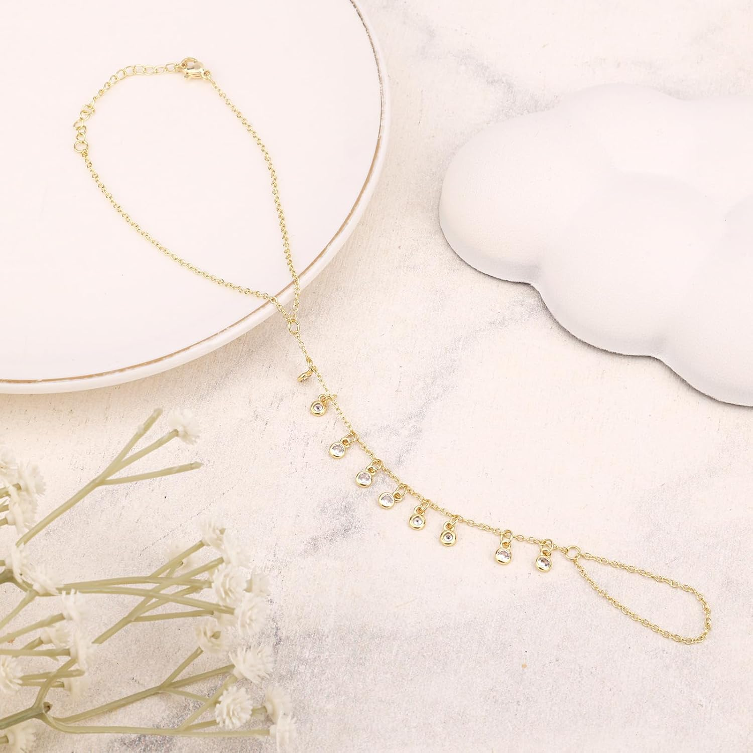 Gold Plated Women'S Bracelet, Gold Plated Hand Chain Finger Ring Bracelet Hand Chain Bracelet for Women Fashion Jewelry Gift Accessories, Medium, No Gemstone image number 2