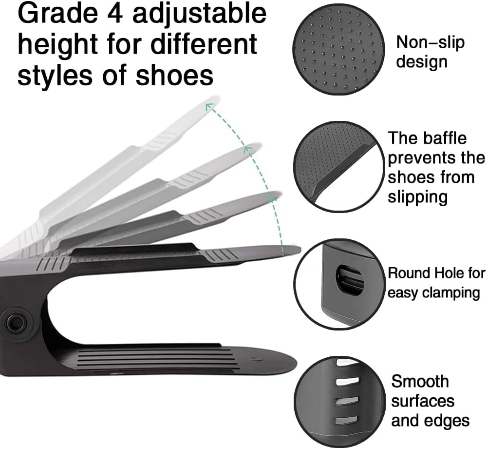 Shoe Slots Organizer Adjustable Shoe Stacker Storage Space Saver 4 Level Double Plastic Shoe Rack Living Room Shoe Storage Cabinet Rack Holder (Black) image number 2
