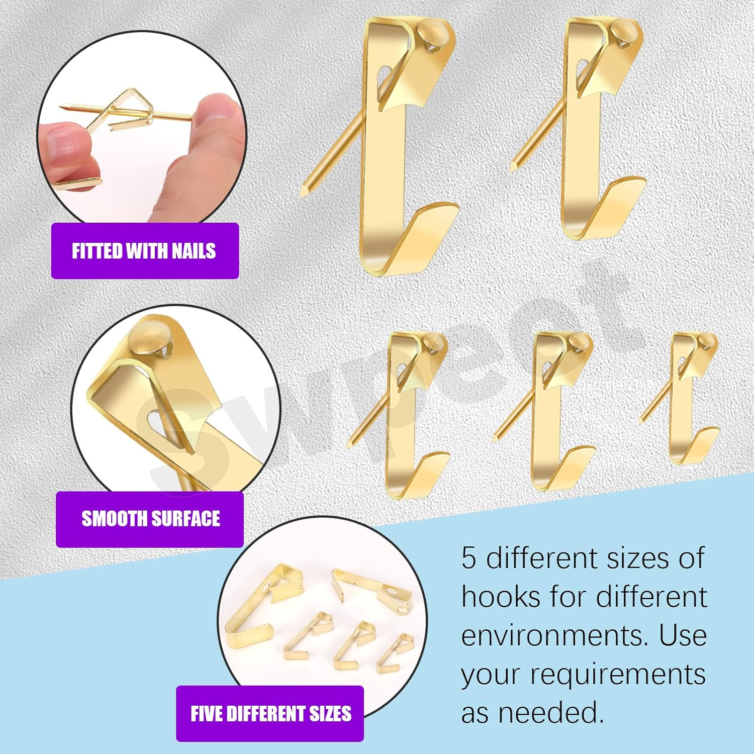 Swpeet 75Pcs 5 Sizes 10Lb/20Lb/30Lb/50Lb/100Lb Golden Picture Hangers with Nails Assortment Kit, Metal Picture Hanging Hooks, Heavy Duty Frame Picture Hooks, Picture Hanging Hardware for Drywall - Golden image number 4
