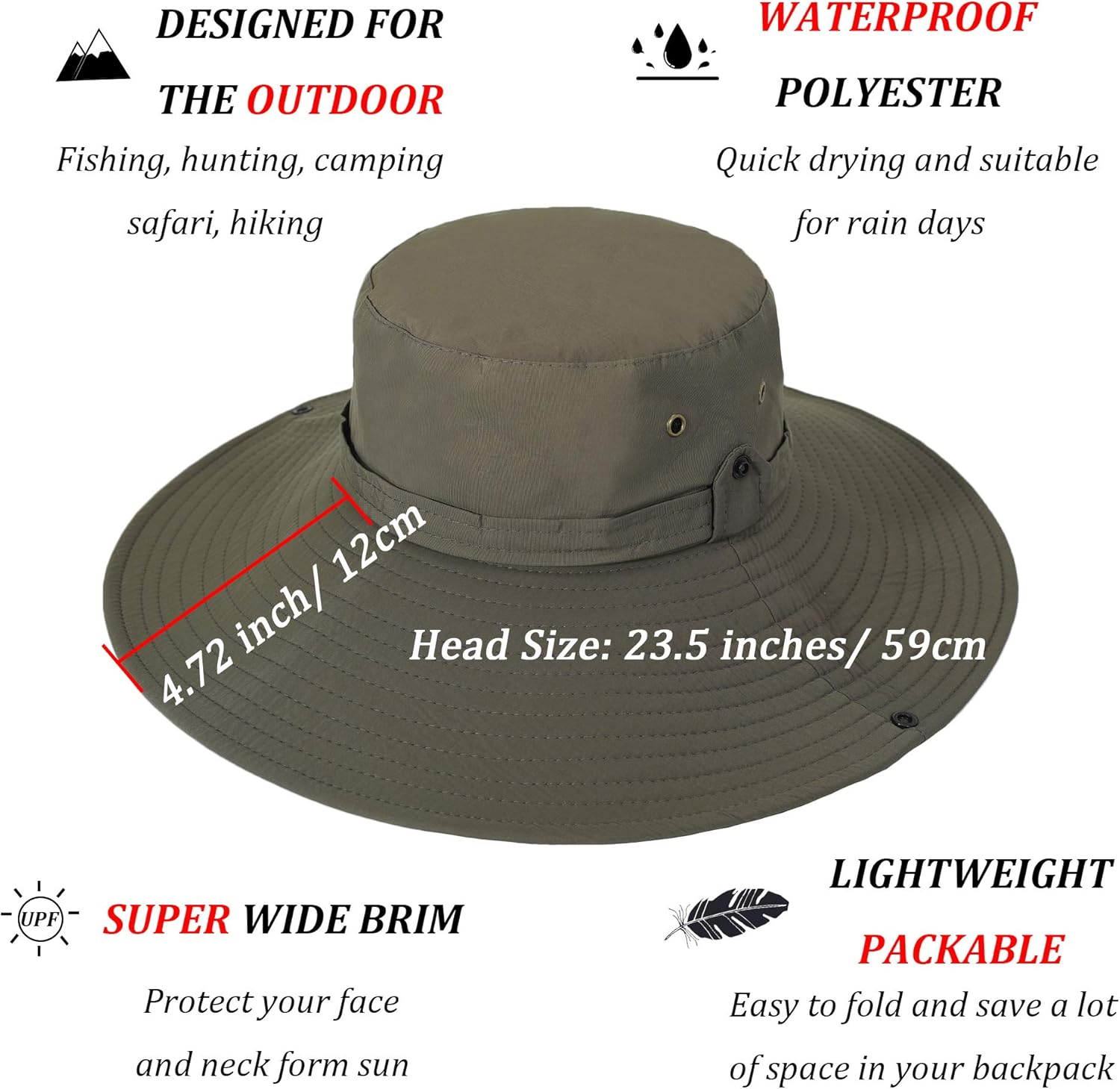 ZLYC Outdoor Extra Wide Brim Sun Hat for Men and Women Waterproof Bucket Boonie Hat - Plain Dark Blue image number 5