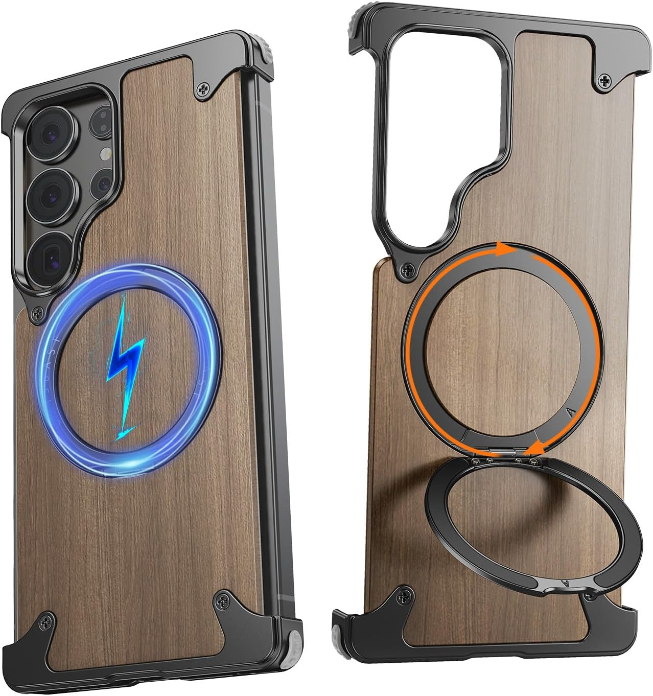 NIFBANG Wooden Case for Samsung Galaxy S25 Ultra with Magsafe, 360&deg; Rotatable Magnetic Stand, Wooden Phone Case, Frameless Thin Anti-Scratch Shockproof Mobile Phone Case for S 25 Ultra Protective Case