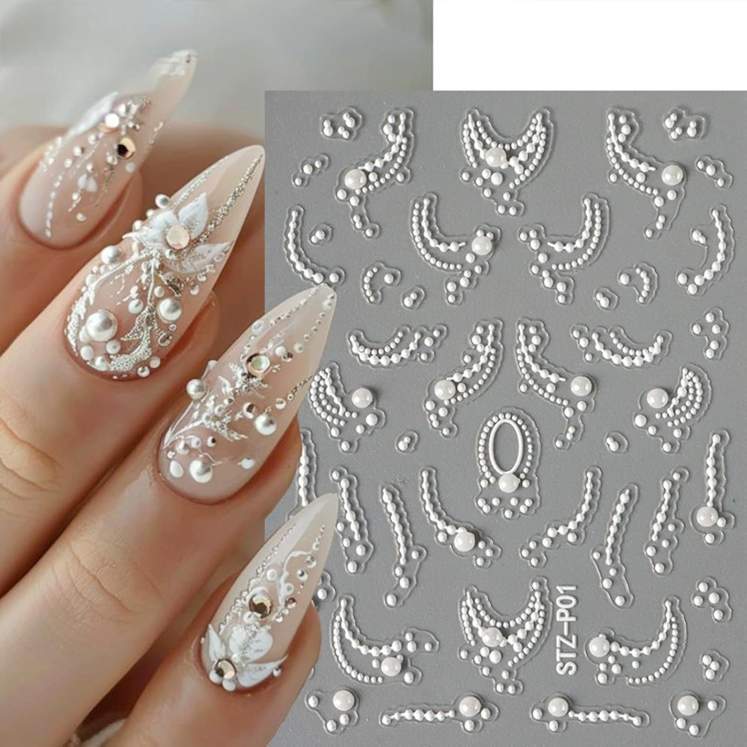 4 Sheets Pearl French Nail Art Stickers 3D Self-Adhesive Nail Decals Design, Wavy Line Heart Nail Decoration Holographic Elegant Chains Nail Sticker Manicure Tips Supplies Nail Decal (White) image number 5