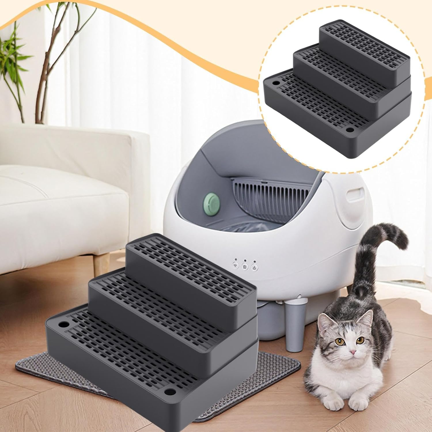 Generic Automatic Cat Litter Ramp, 3-Step Mat, Easy-To-, Washable, Removable Cat Litter Step Footboard, Dark Gray