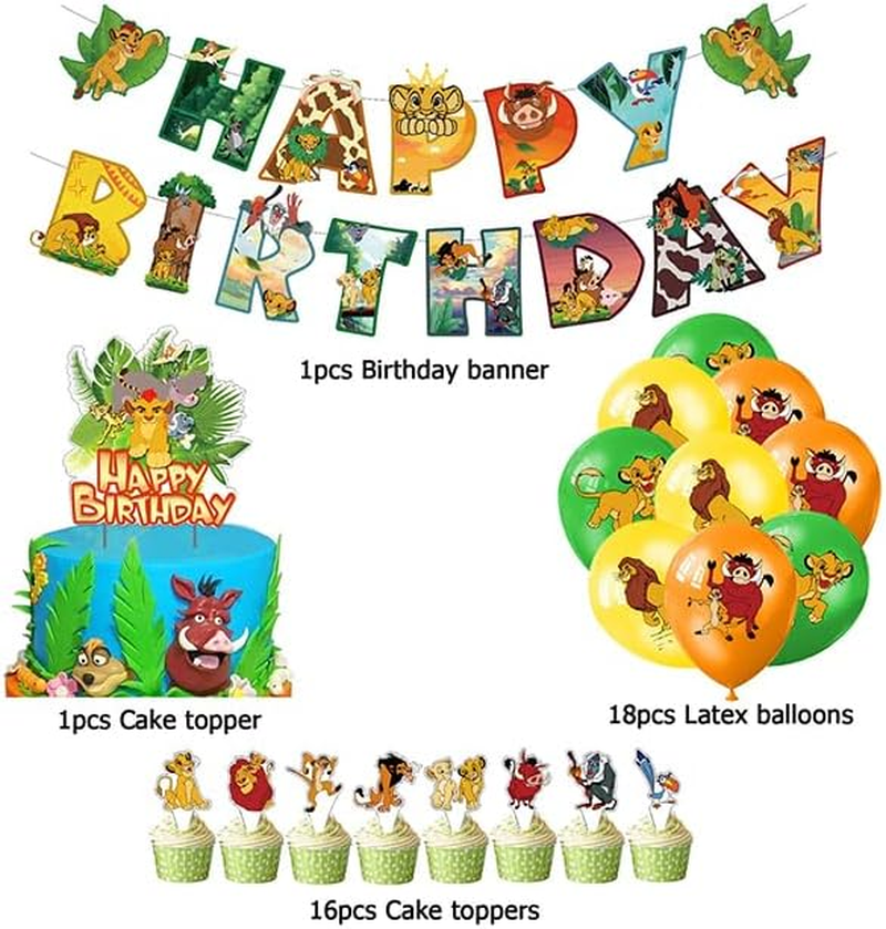 Dinoeye Lion King Birthday Decoration Pack: 17Pcs Cake Toppers, 1Pcs Banner, 18Pcs Balloons (Berry, Yellow) image number 2