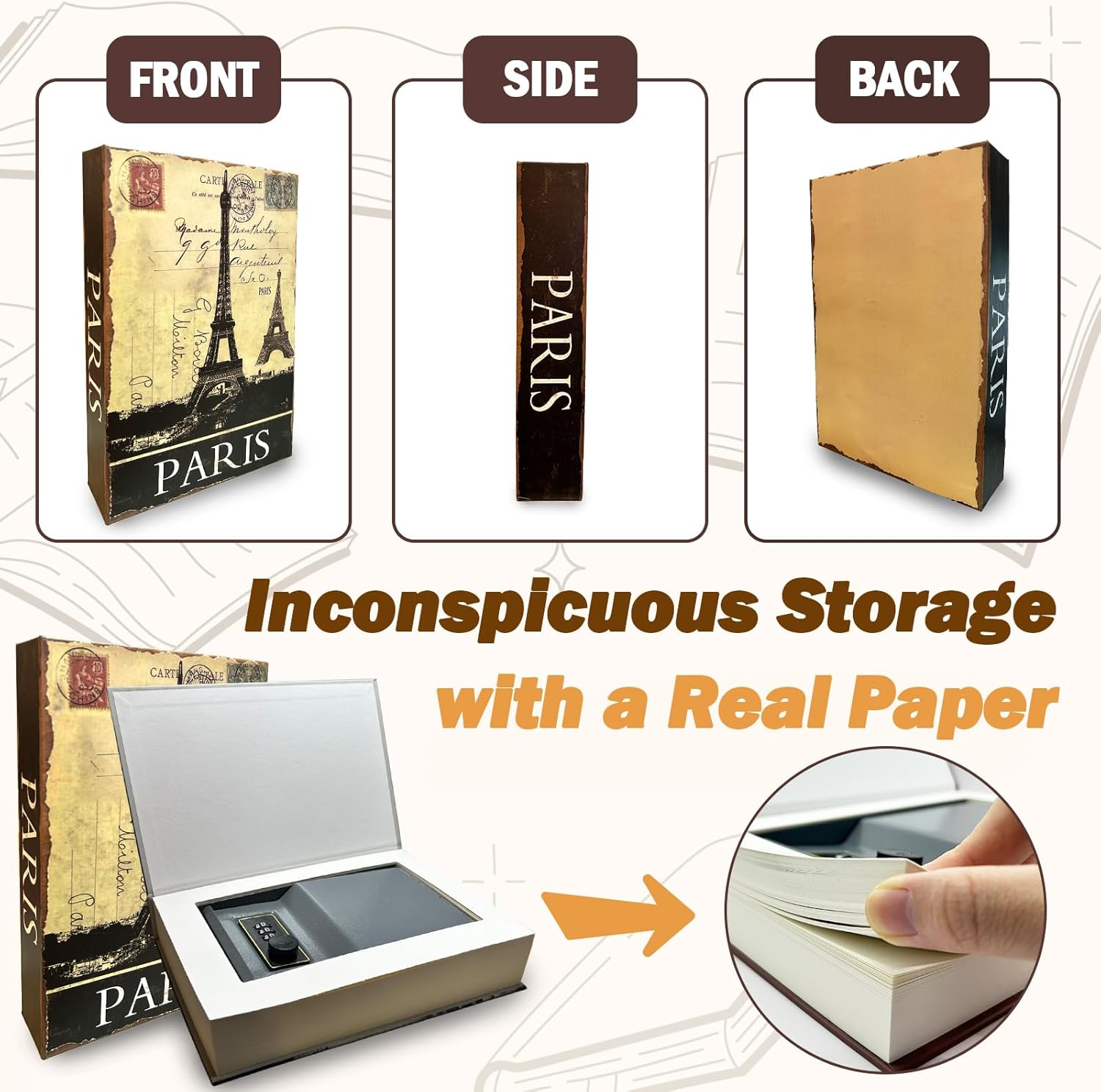 Genuine Paper Transfer Book Safe: Secret Hidden Safe, Combination Lock Included - Metal Safe Box and Protect Your Valuables inside an Authentic Paper Book, 8.7"&times;6"&times;1.8" (Paris) image number 2