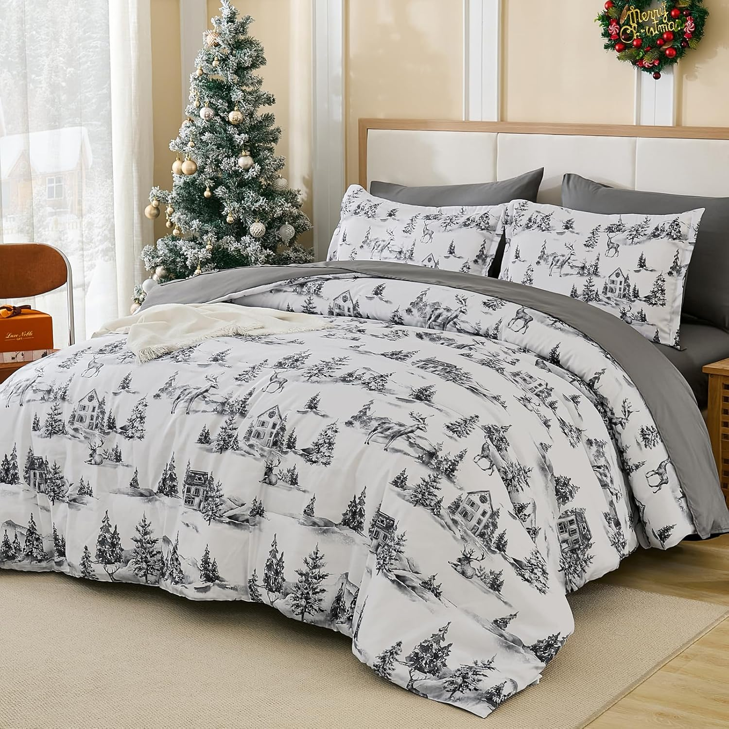 Dobuyly Christmas Duvet Cover Set Queen Size 3PCS Grey Lodge Reindeer Tree Duvet Cover with 2 Pillowcases, Soft Microfiber Xmas Holiday Bedding Set 90"X90"(No Comforter) image number 5