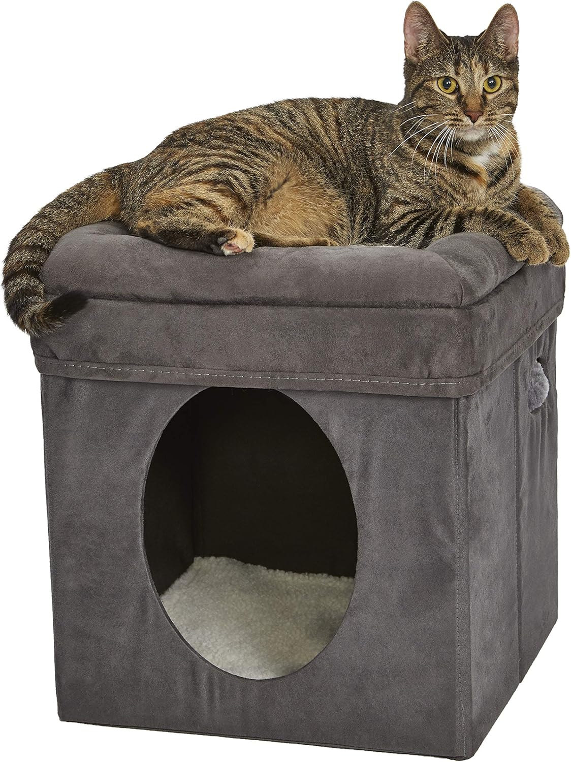 Midwest 137-BR the Original Curious Cat Cube, Cat House/Cat Condo in Brown Faux Suede & Synthetic Sheepskin
