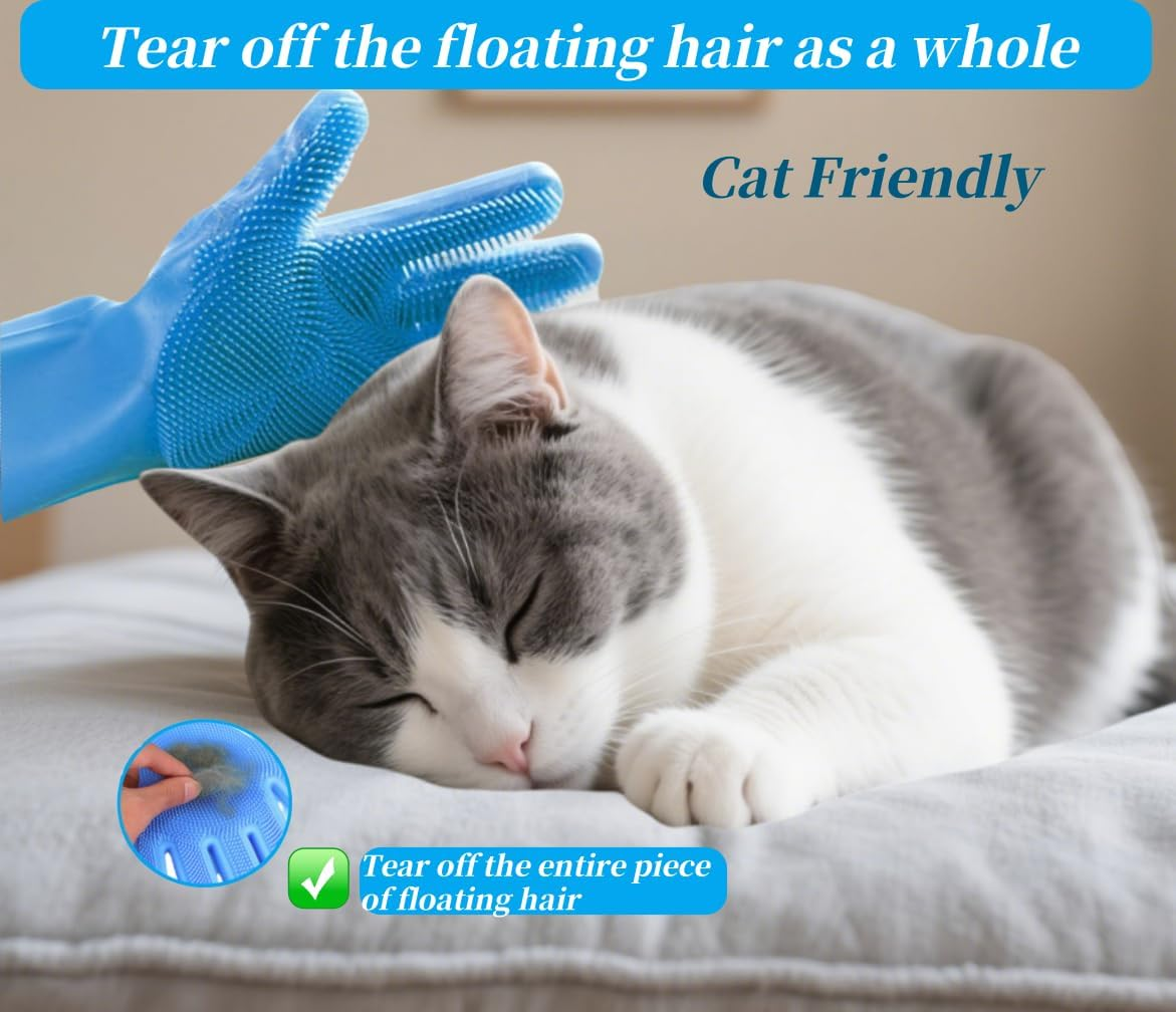 Bryzant Pet Grooming Gloves Extended Heat-Resistant High-Density Comb Silicone Gloves for Bathing Hair Removal and Massage for Dogs and Cats (Blue) ﻿ image number 2