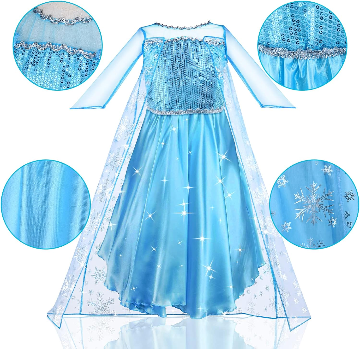 URAQT Elsa Costume Children'S Girls, 9-Piece Set Elsa Dress Children with Crown Tiara Gloves Magic Wand for Christmas Fancy Dress Carnival Halloween Birthday Party (130) image number 2