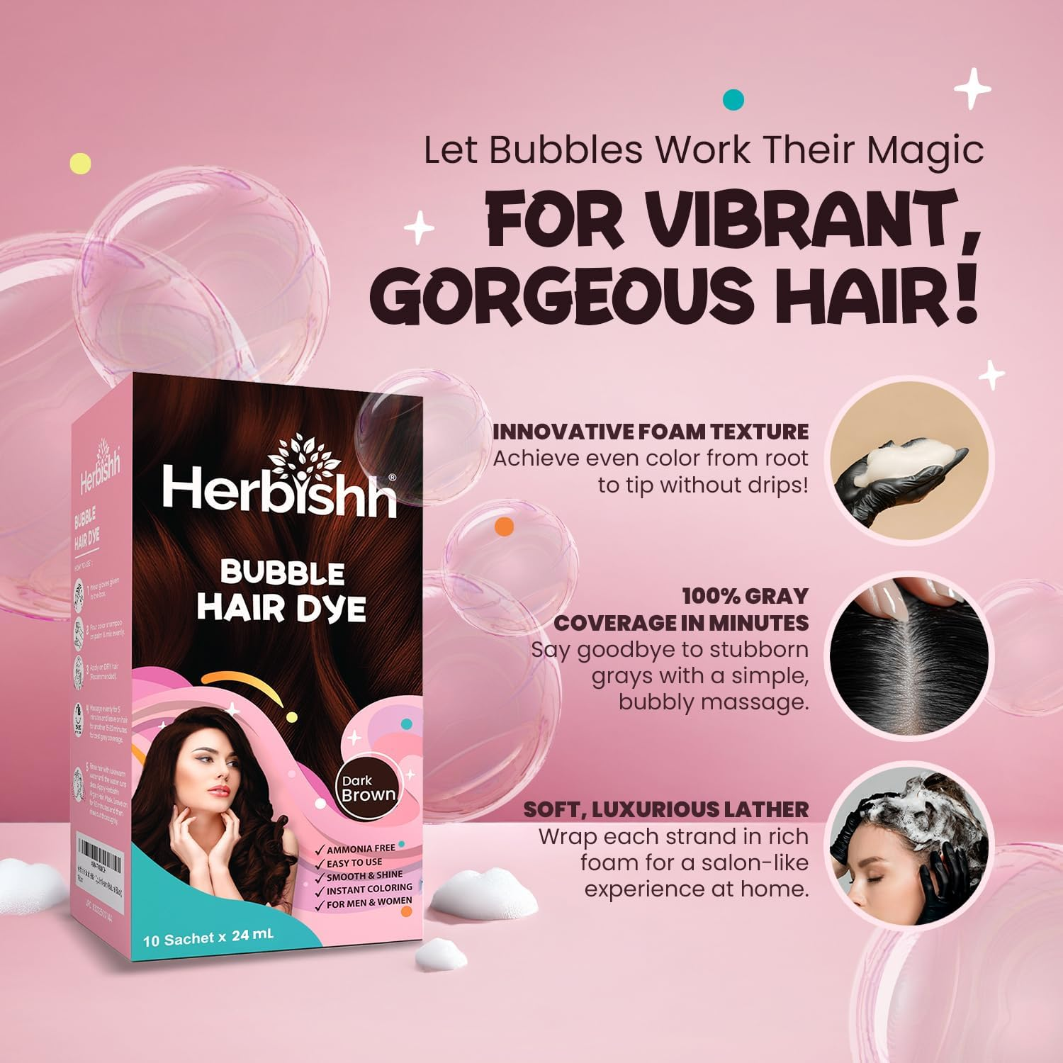Herbishh Bubble Foam Hair Dye Shampoo, 3 in 1 Dye for 100% Grey Coverage, Permanent Hair Coloring for Men & Women, Long-Lasting & Travel-Friendly, Ammonia-Free, 10 Sachet X 24 Ml (Dark Brown) image number 6