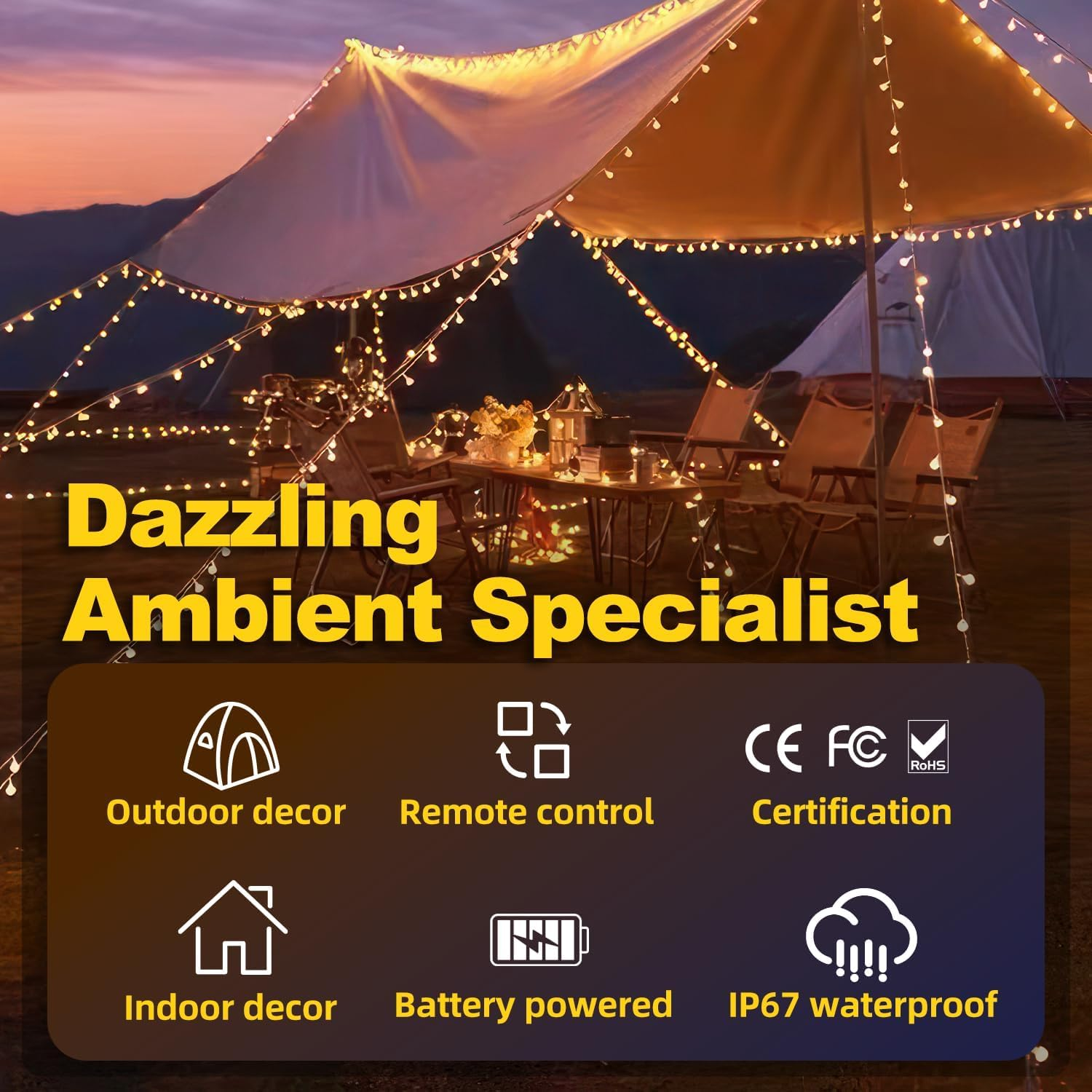 Fairy Lights, 33Ft 100LED Battery Operated with Remote, IP67 Waterproof Indoor Outdoor Hanging Crystal Beads for Home Party Patio Garden, Warm Yellow - Decoration Lights-5 image number 6