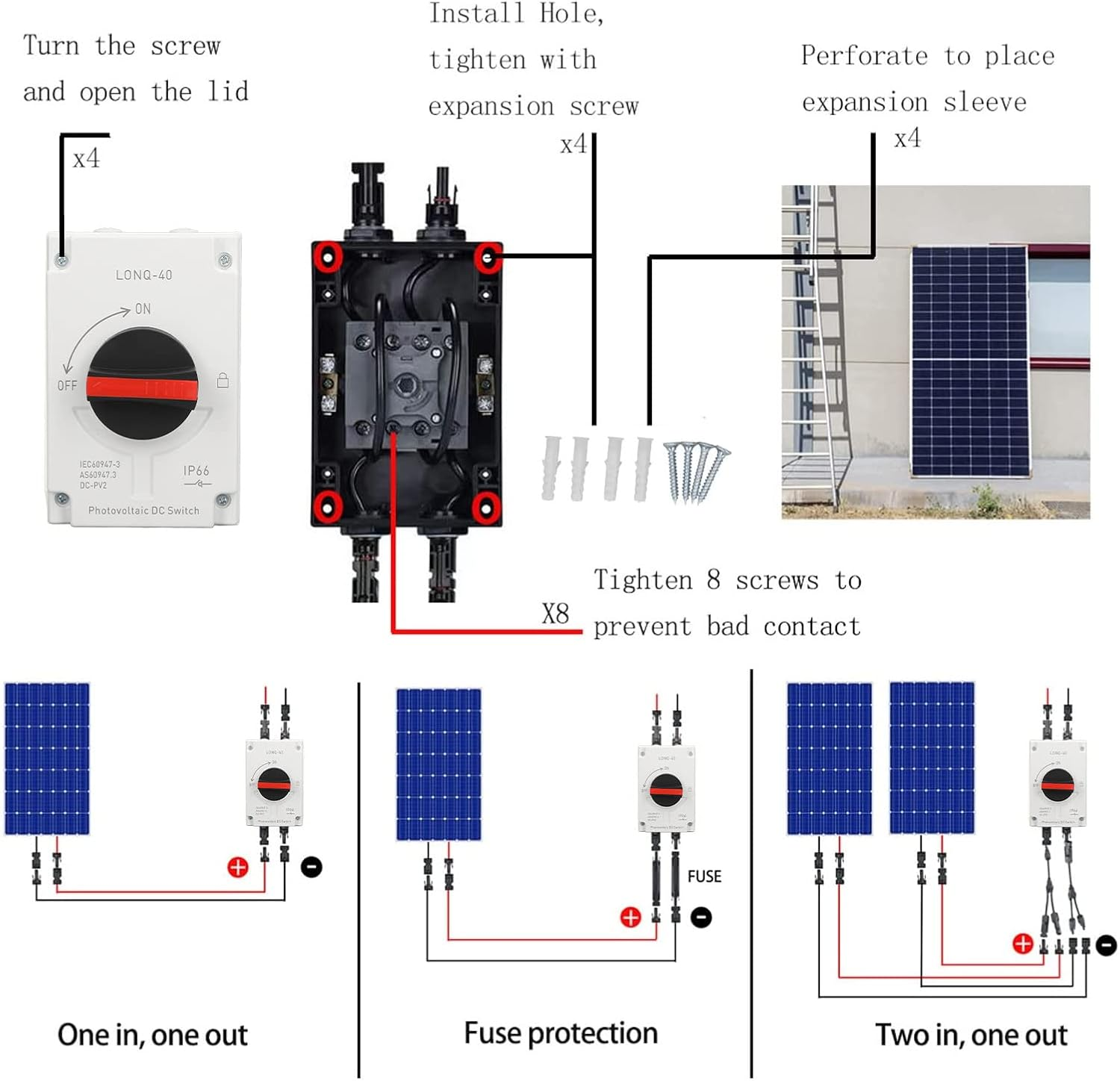 Pyhodi Solar Disconnect Switch, 4P 32 Amp DC1200V Isolator Switch with IP66 Waterproofing Enclosure for Rooftop Systems Rvs and Boats, Solar Wind Power Parts Accessories image number 4
