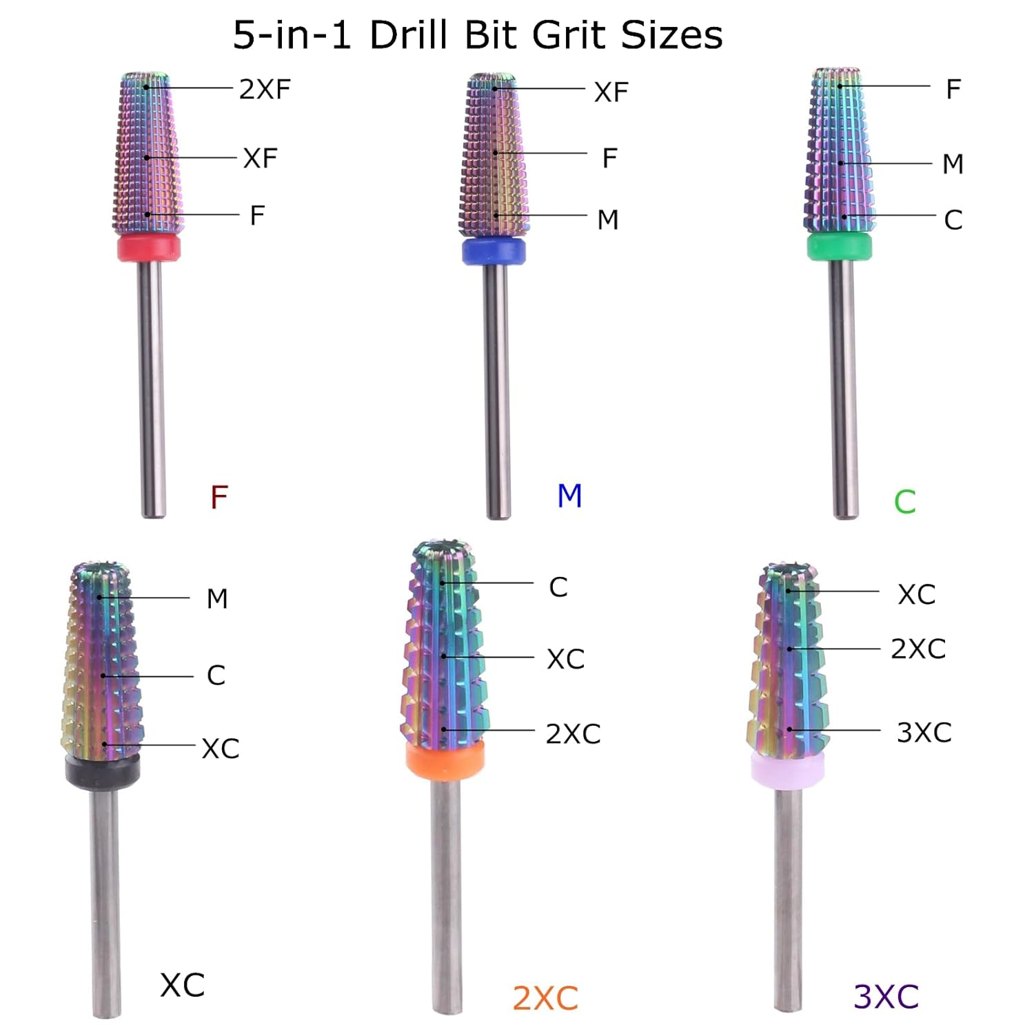 MZCMSL 5 in 1 Carbide Nail Drill Bit for Removing Acrylic or Gel, Both Left and Right Handed - Two Way Rotate Use,3/32 Shank Efile Bit (Fine,Multicolor)