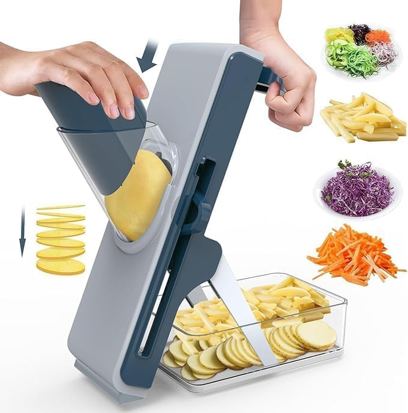 Safe Mandoline Slicer Adjustable with 4 Blades & Container, Safe Potato & Vegetable Food Slicer Chopper, High Efficiency Julienne & French Fry Cutter for Chef Meal Prep Kitchen Gadget (BLGRY)