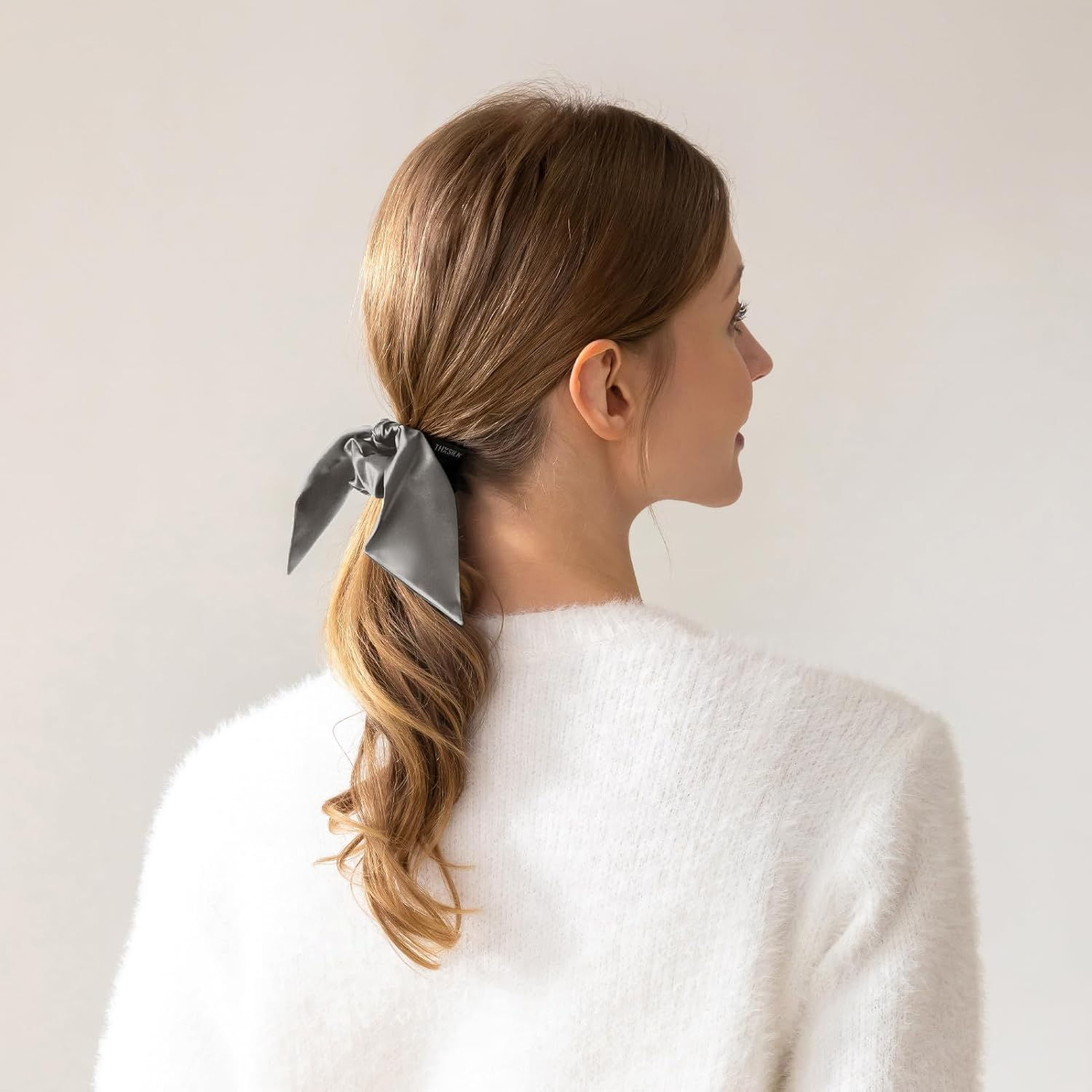 THXSILK Hair Silk Scrunchies with Bow for Women Pure Mulberry Silk Hair Cute Kitsch Scrunchies for Girls Women'S Thick Hair Grey - 5Pcs Warm Color image number 3