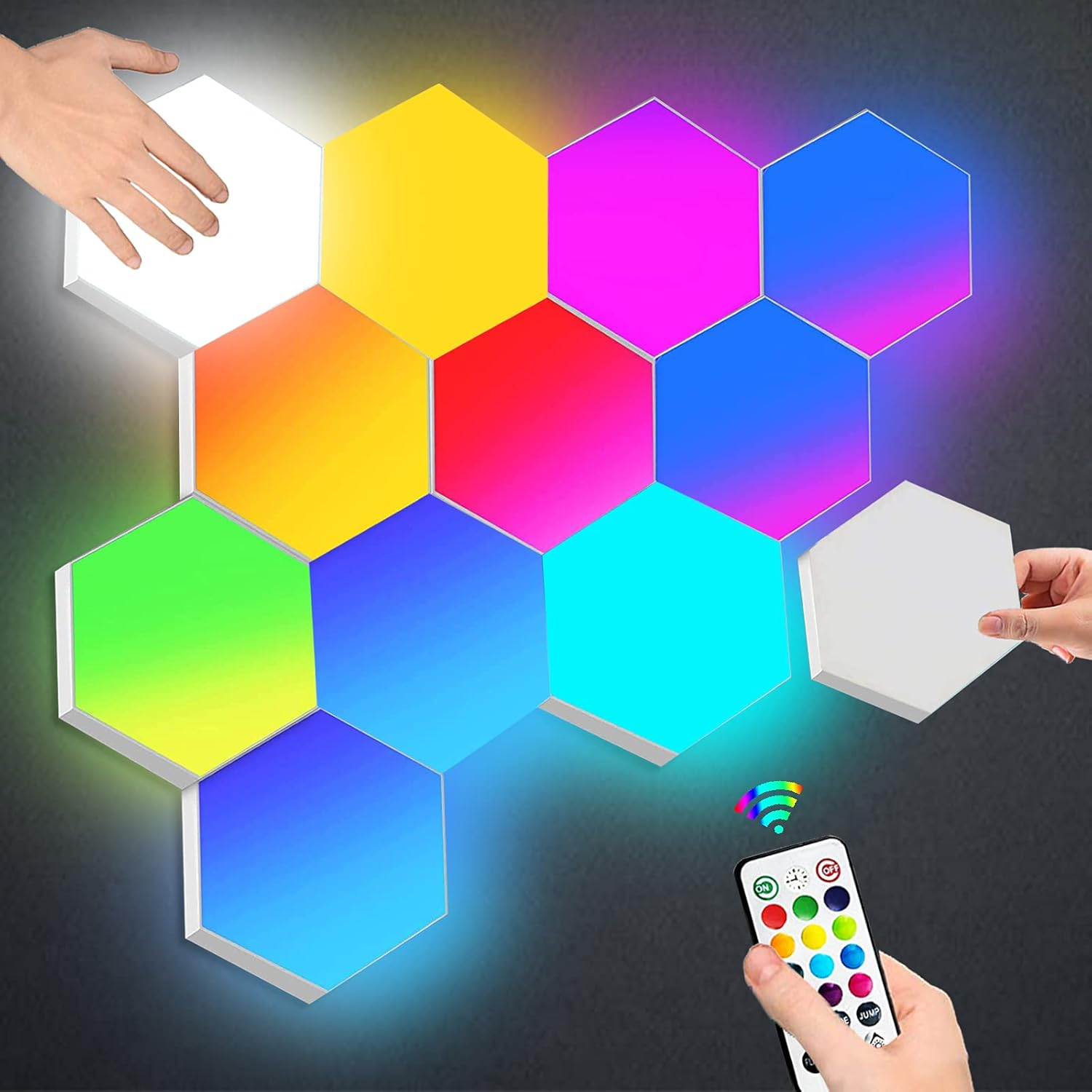 Hexagon Lights Remote Controlled, RGB LED Wall Lights Modular Light Panels Touch-Sensitive, DIY Geometric Gaming Lights with Stand, Infinitely Splicing for Gaming Room Living Room Bedroom TV, 6 Pack image number 1