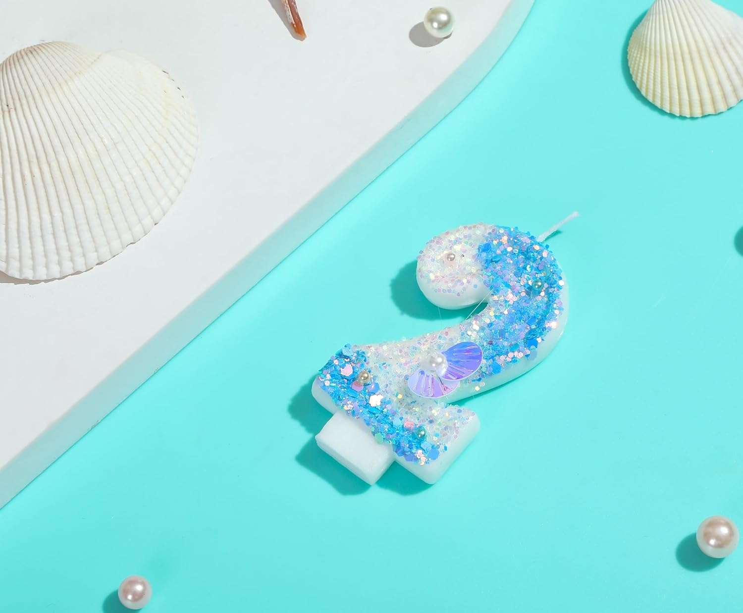 Number 2 Candle with 3D Sea Shell and Frozen Blue Sequins Glitters for Boy Girl Happy 2Nd Mermaid Birthday Party Decorations and under the Ocean Sea Themed Supplies image number 5