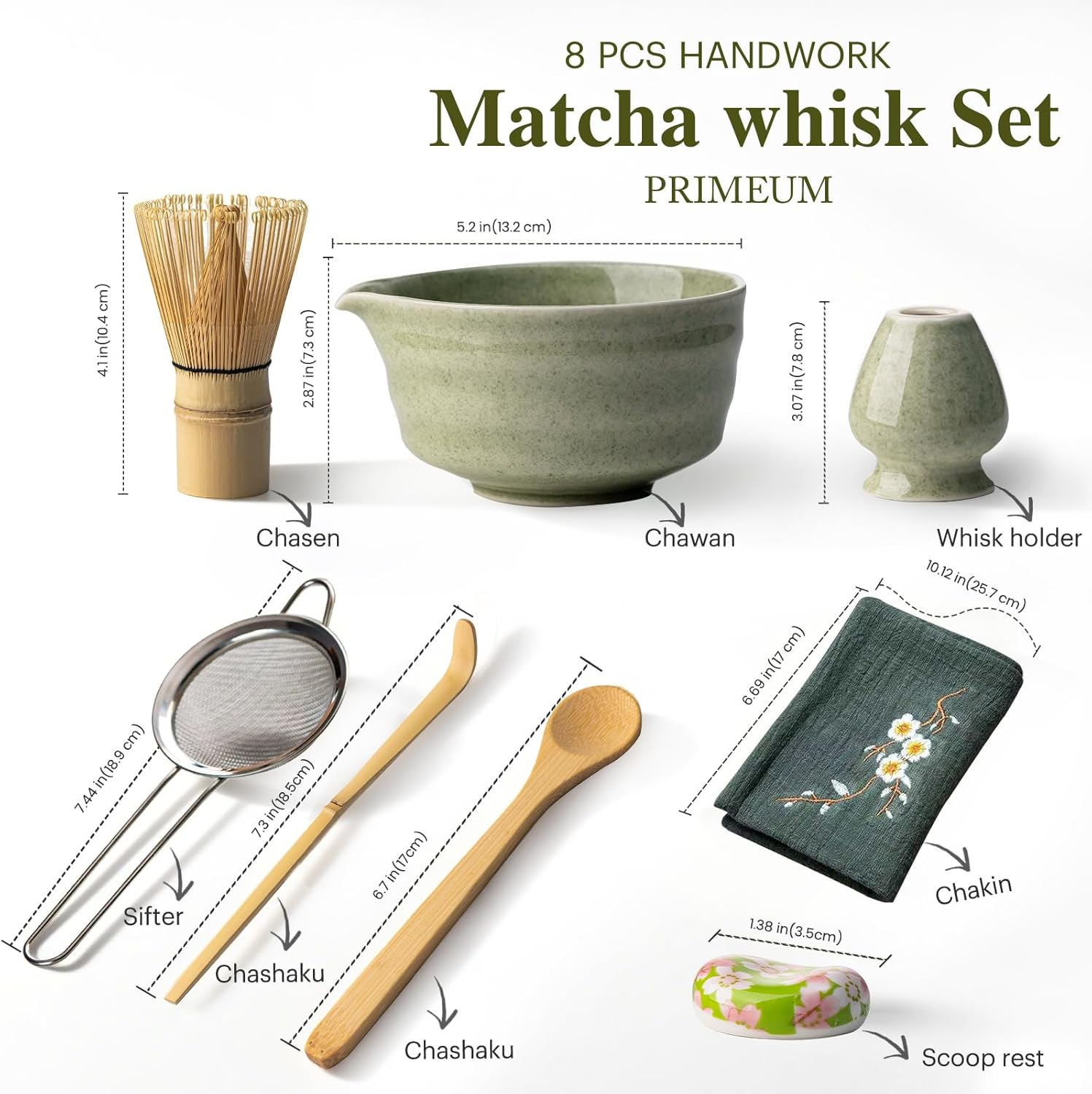 Matcha Whisk Set - 8PCS Kit for Matcha Lover, with Handcrafted Bamboo Whisk Matcha Scoop Matcha Stand Matcha Bowl, Sifter, Tea Cloth (Chakin), Scoop Stand,Wood Spoon image number 6
