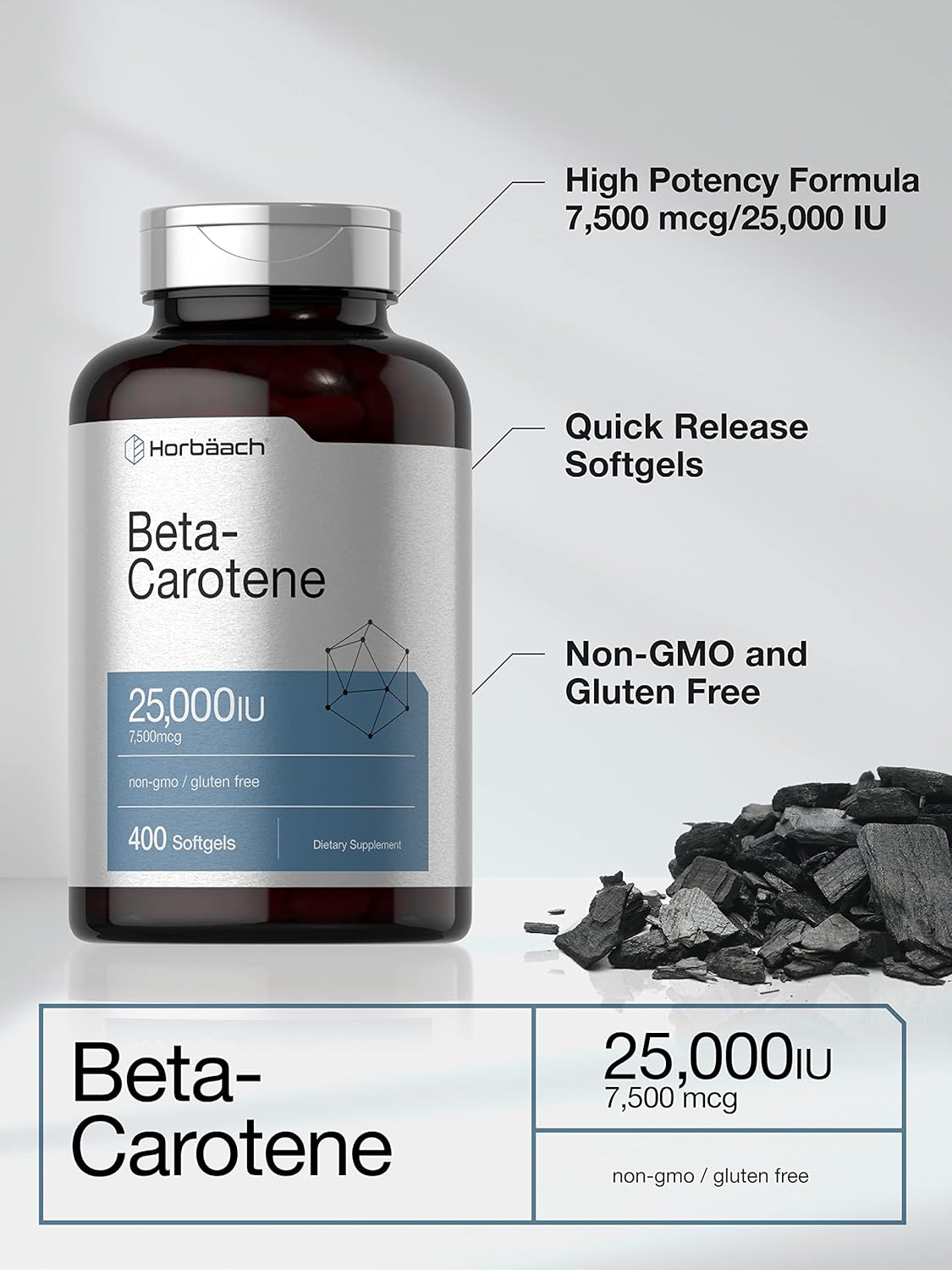 Beta Carotene 25000 Iu Softgels | 7,500 Mcg | 400 Count | Non-Gmo and Gluten Free Formula | Vitamin a as Beta-Carotene Supplement | Value Size | by Horbaach image number 2