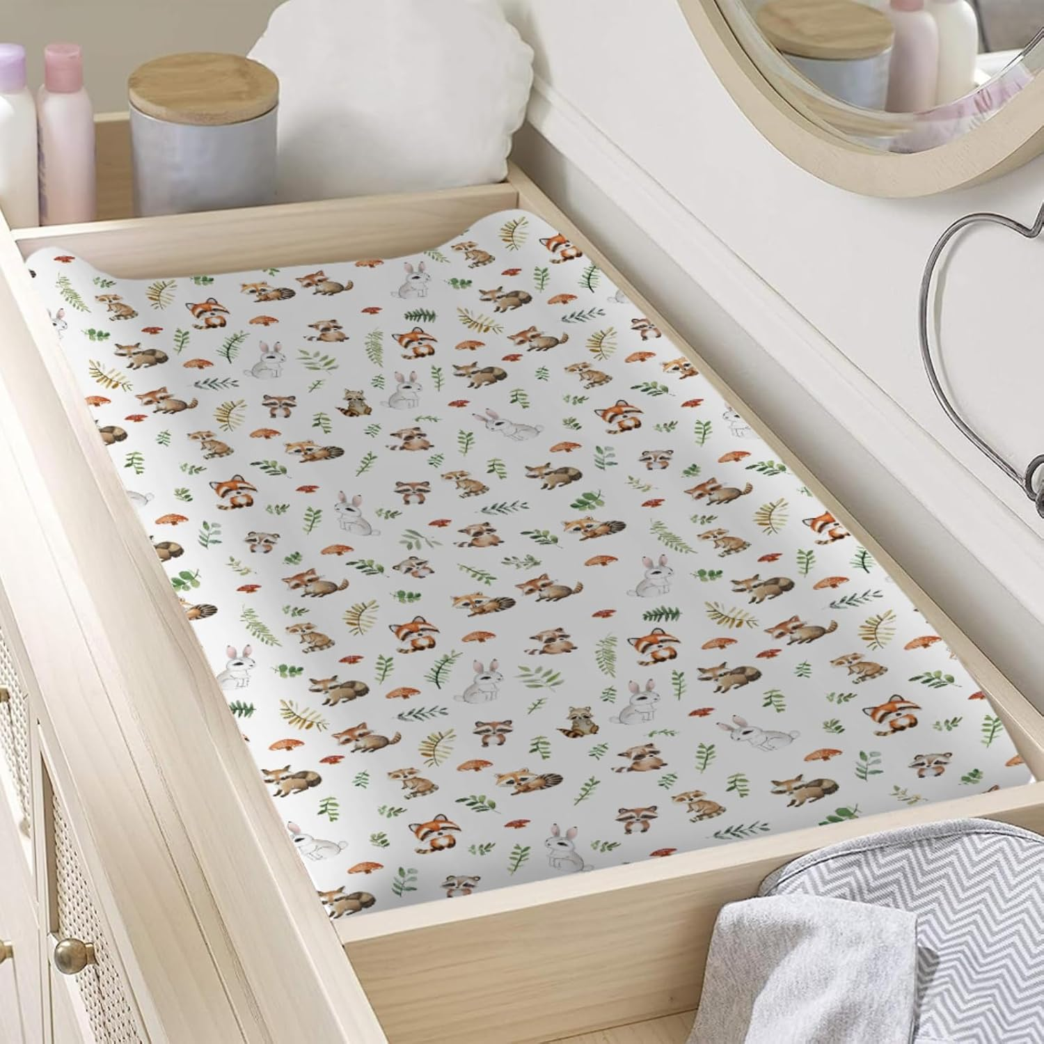 Wild Animals Baby Changing Pad Covers,Unisex Raccoons Rabbits Changing Pad Cover for Baby Girls Boys,Comfortable Breathable Changing Table Covers,Polyester Easy Care Diaper Changing Pad Table Sheets image number 1