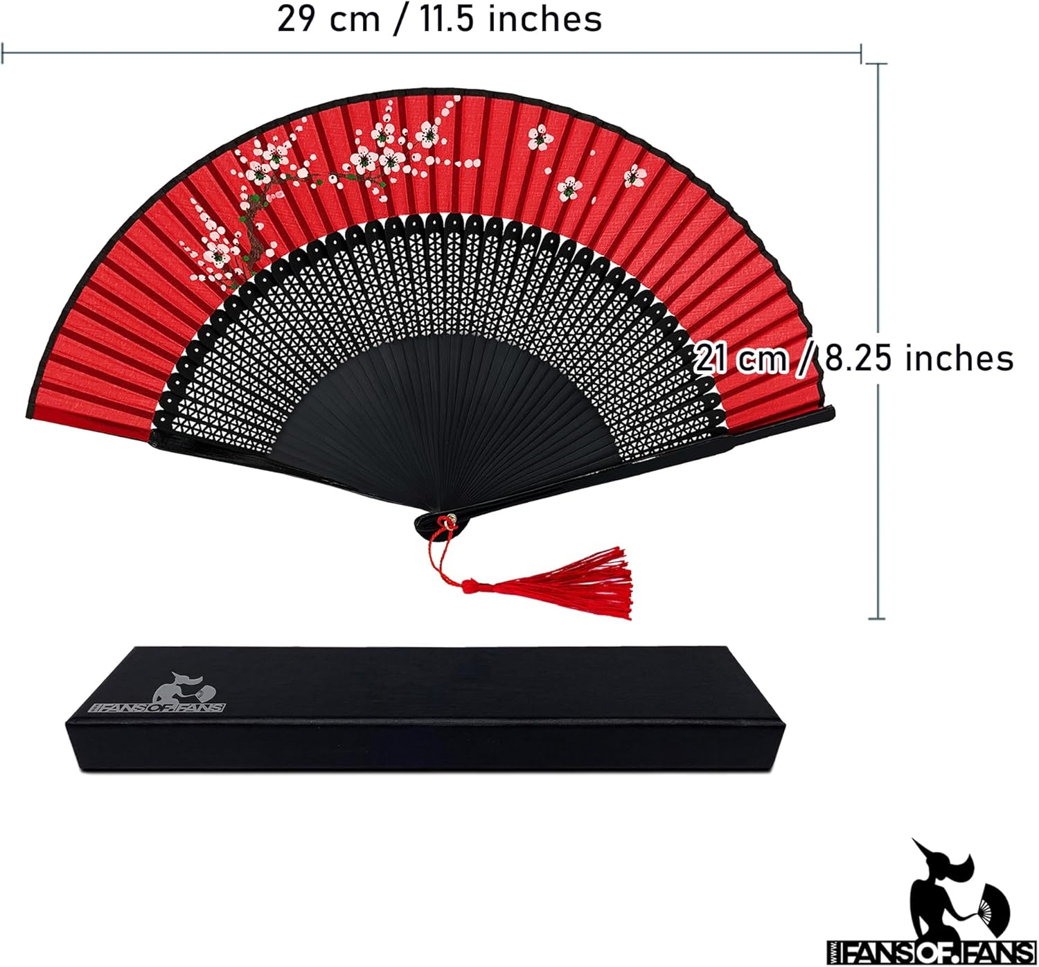 FANSOF.FANS Floral Red and Black Chinese Japanese Silk Fabric Handheld Folding Hand Fan with Pouch and Gift Box Grade a Bamboo Ribs for Women Girls Dance Event Birthday Wedding Favour Gift (Style 02) image number 1