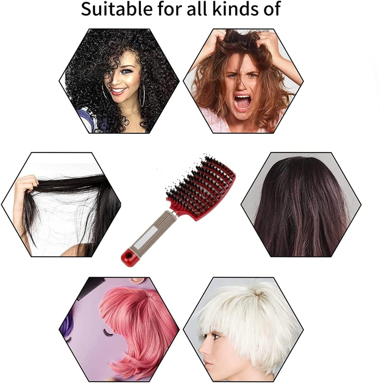 Nylon Boar Bristle Hair Brush Hairbrush Smooth Hair Head Scalp Massage Comb Curved & Vented Detangling Hair Brush for Women Long, Thick, Curly and Tangled Hair image number 5