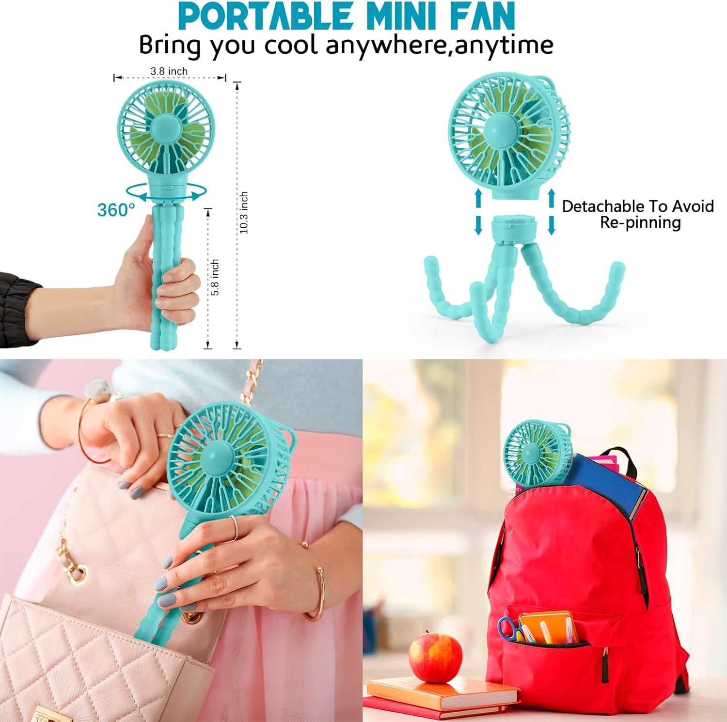 Snawowo Mini Portable Stroller Fan, Battery Operated Personal Small Handheld Fan with Flexible Tripod, 3 Speed Rechargeable Clip on Fan for Car Seat Crib Treadmill Travel Camping Blue image number 5