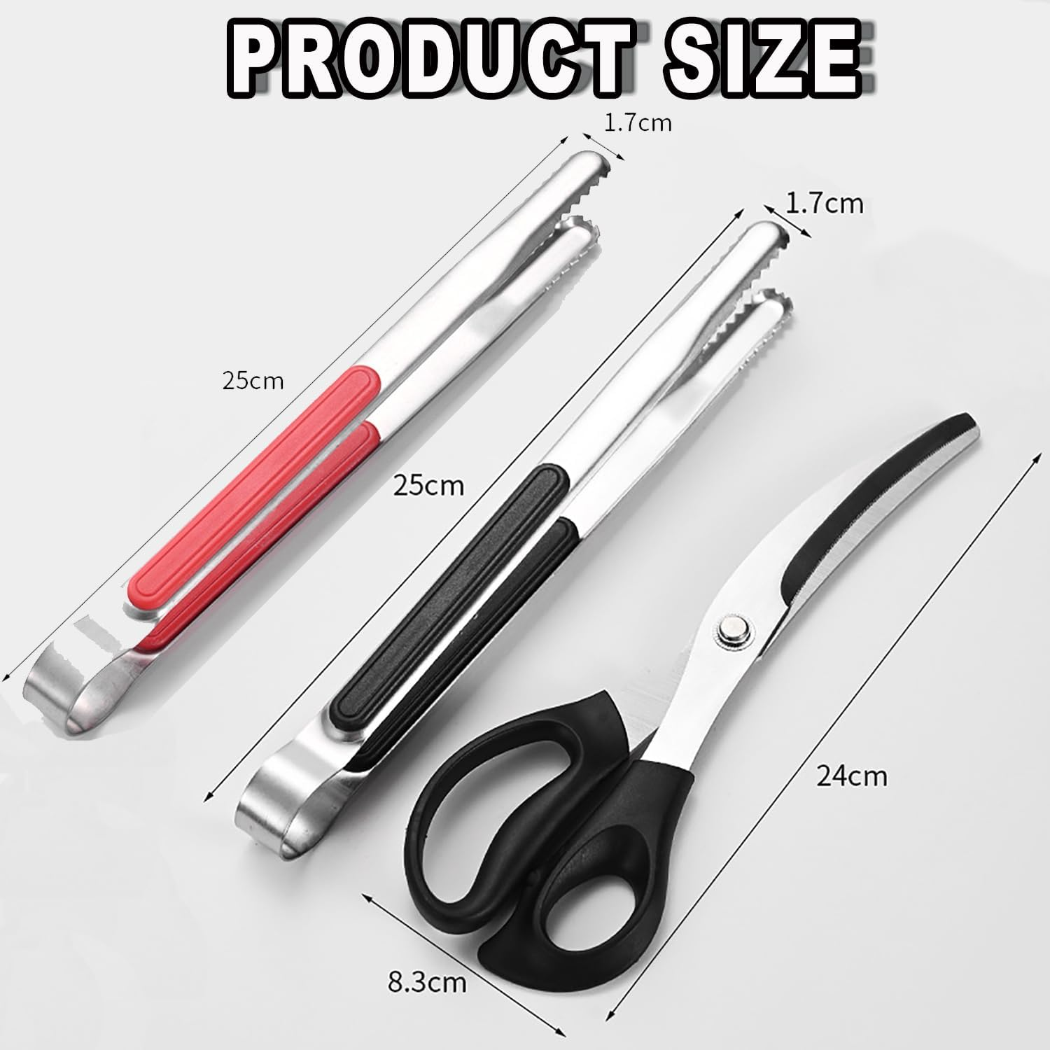 BEANPRECOY Korean Barbecue Scissors and Tongs Set BBQ Scissors BBQ Tongs Stainless Steel Ergonomic Sharp Shears and Clips for Kitchen Cooking Clips Pizza Shears for Easy Use (Black) image number 3