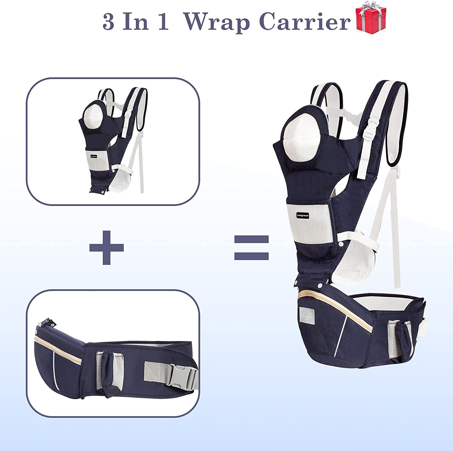 Leogreen Baby Convertible Carrier with Hip Seat, Adjustable Wrap Sling & Lumbar Support, for Front Facing and Back Carry Newborn Toddler, Dark Blue image number 4