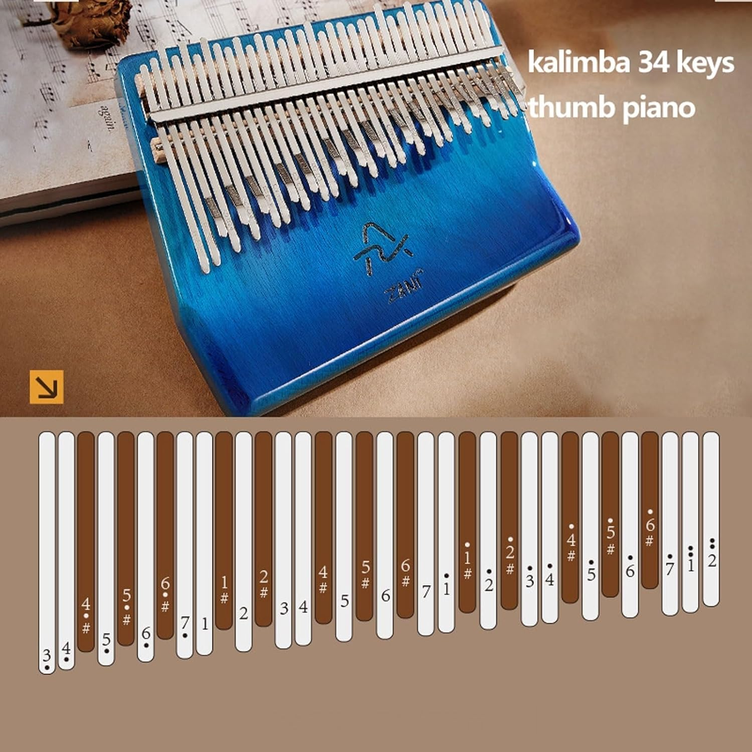 Kalimba 34 Keys Finger Piano Wooden Thumb Piano Music Instrument Beginner Portable with Tuning Hammer, Finger Covers and Carry Bag Set for Meditation Sound(34 Tones-Blue) image number 4