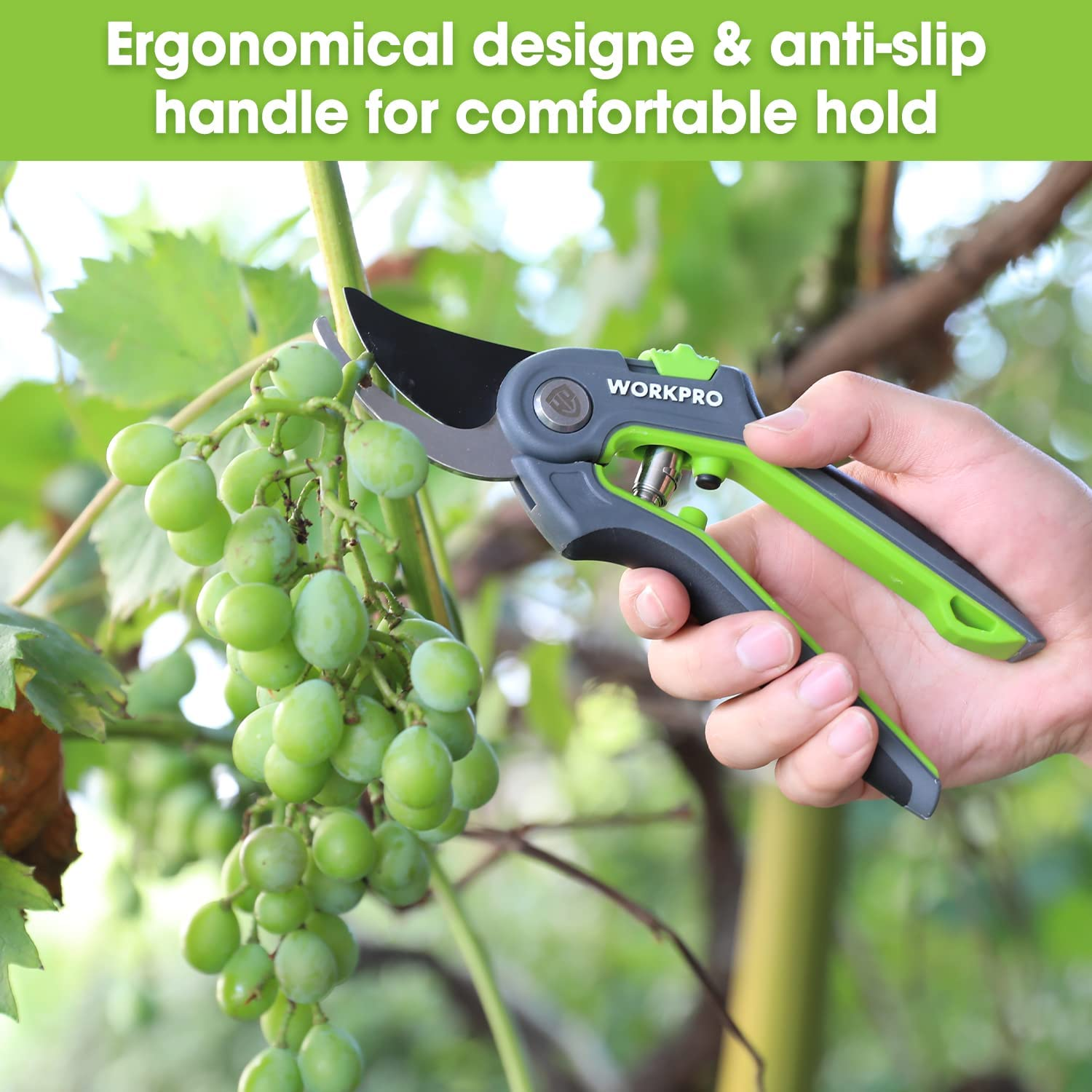 WORKPRO Bypass Pruning Shears, Stainless Steel Gardening Hand Pruner, Professional Garden Trimming Scissors with Sharp SK5 Steel Blades, Ideal Garden Tool,Green 203Mm Length image number 2