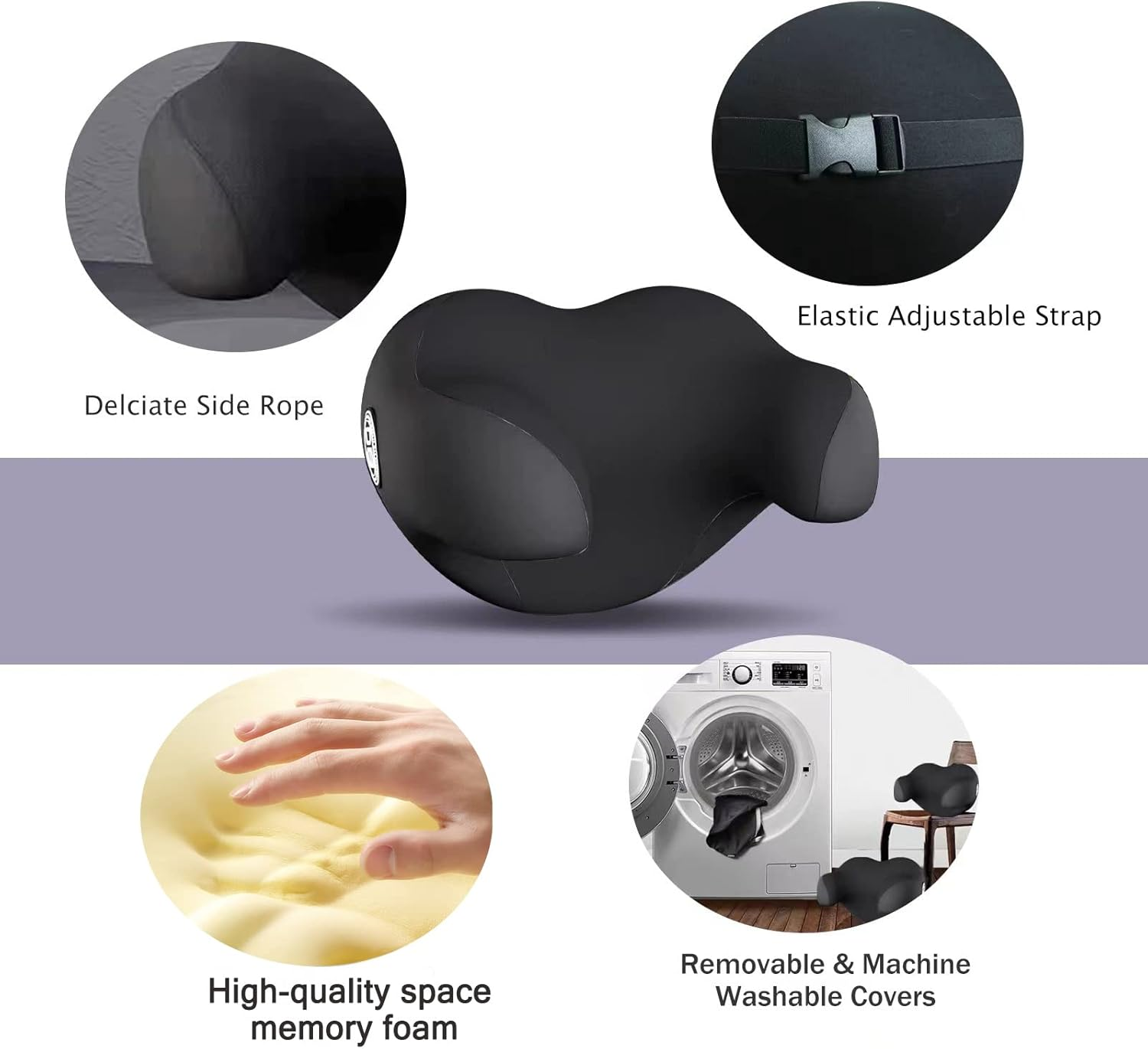 SPRFUFLY U-Shaped Car Headrest Pillow for Sleeping, 100% Memory Foam Car Pillow with Breathable Removable Cover, Ergonomic Design - Ideal Car Companion for Naps & Neck Pain Relief (Black, 1PC) - Model-Six image number 5