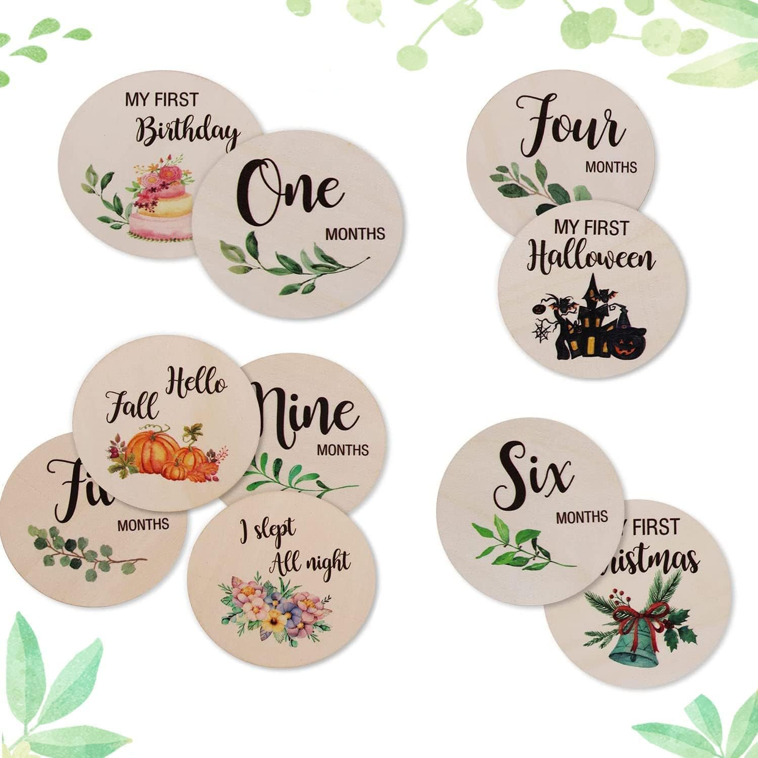 Wooden Baby Monthly Milestone Cards,10Pcs Baby Monthly Milestone Cards,Baby Monthly Milestone Cards Sign,Double Sided Marker Wooden Circles Discs, Baby Announcement Sign for Photo Prop Baby Shower image number 1