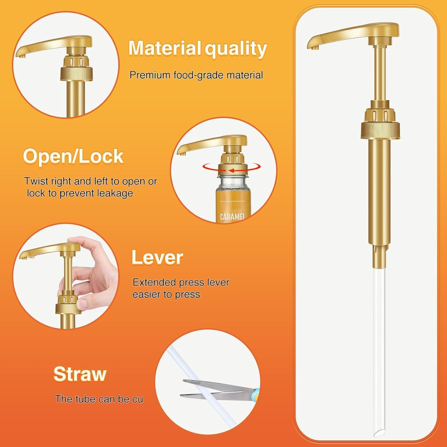 Gold Squirt Syrup Pump, (Pack of 2) Coffee Syrup Pump Dispenser | Coffee Syrup Bottle 750Ml / 25.4Oz Syrup Pump for Kitchen Dinning Bar Accessories | Compatible with Monin, Torani, Da Vinci Bottles image number 3