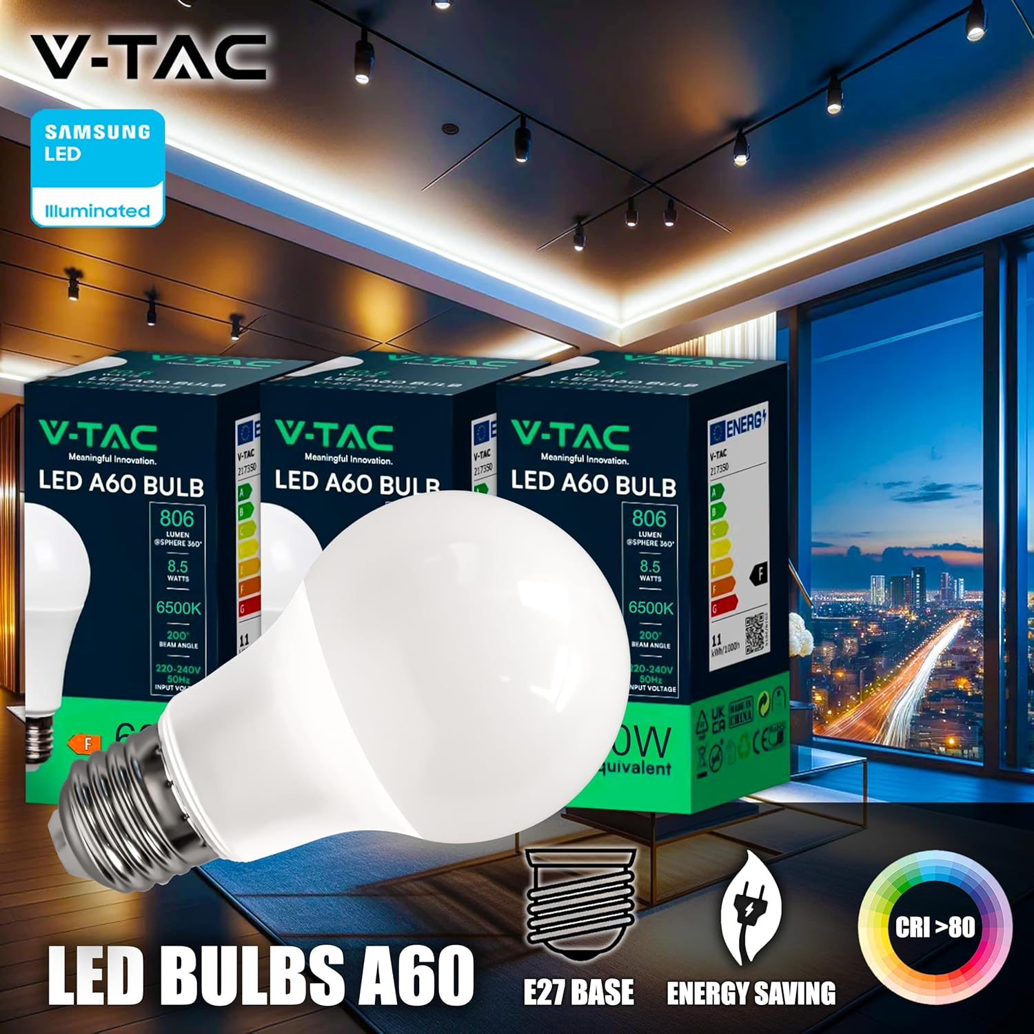 V-TAC 10 X E27 8.5W (60W Equivalent) A60-806 Lumen LED Light Bulbs - 200&deg; Beam Opening - Maximum Efficiency and Energy Saving - 3000K Warm White image number 2